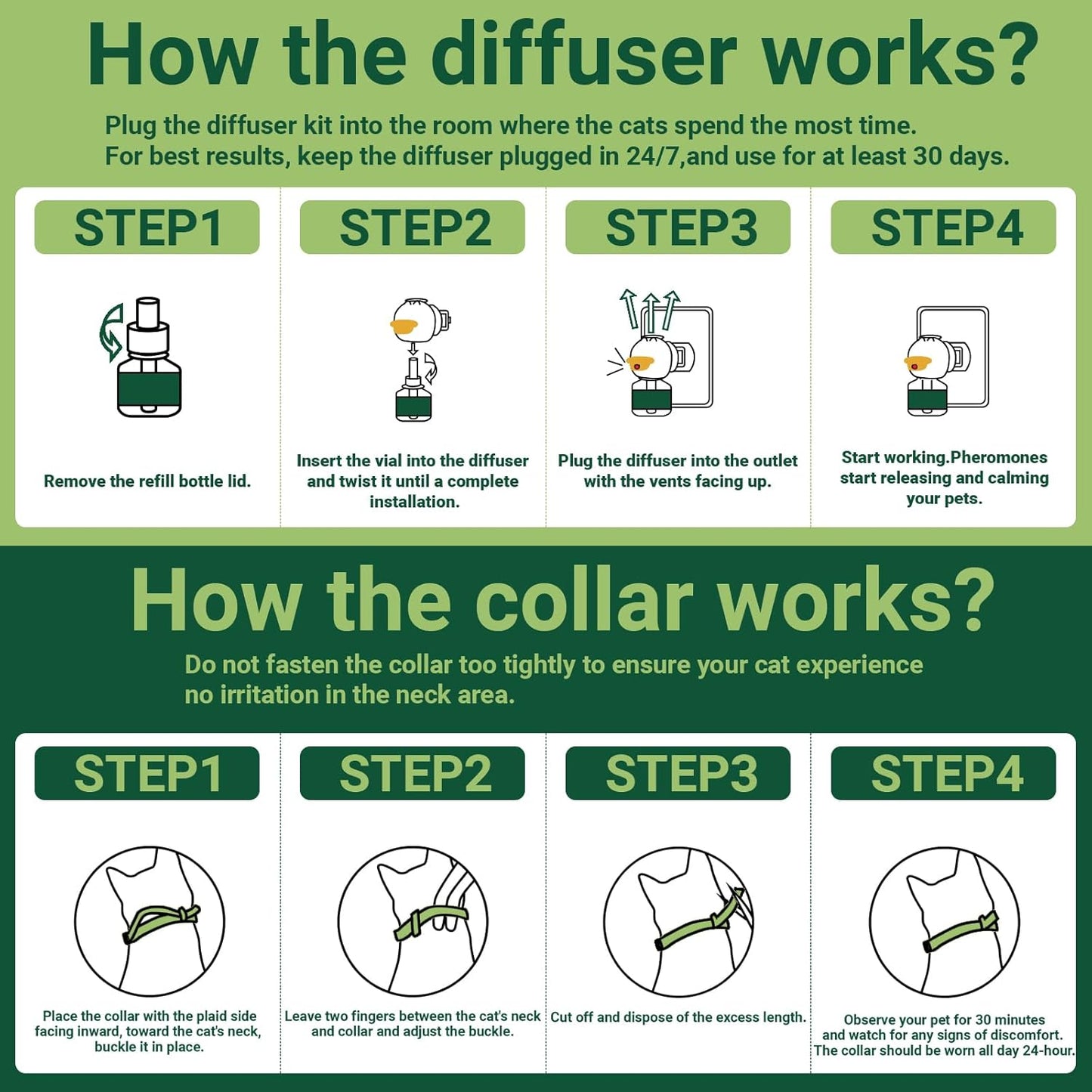 6 in 1 Cat Calming Pheromone Kit, 2 Pack Cat Calming Diffuser for Indoors Stress, 2 Pack Calming Collar for Cats to Comfort Anywhere, Dual-Action Calming to Reduce Anxiety,Scratching(120 Days Green