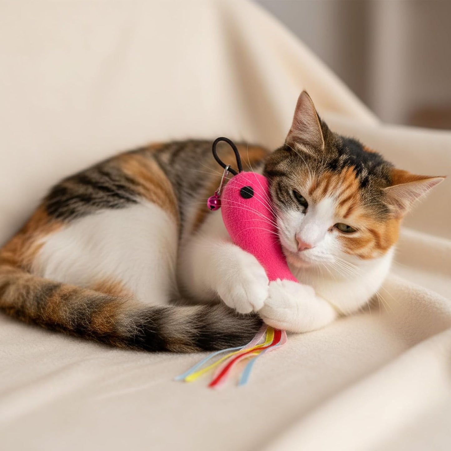 5 PCS Fish and Mice Catnip Toys Plush Filled, Cat Toys Pink Fish Catnip Toy for Cats Flopping Cats Fishs Toy Filled Soft Plush, Premium CatWandToy Accessories with Ribbons for Indoor CatKitten Play