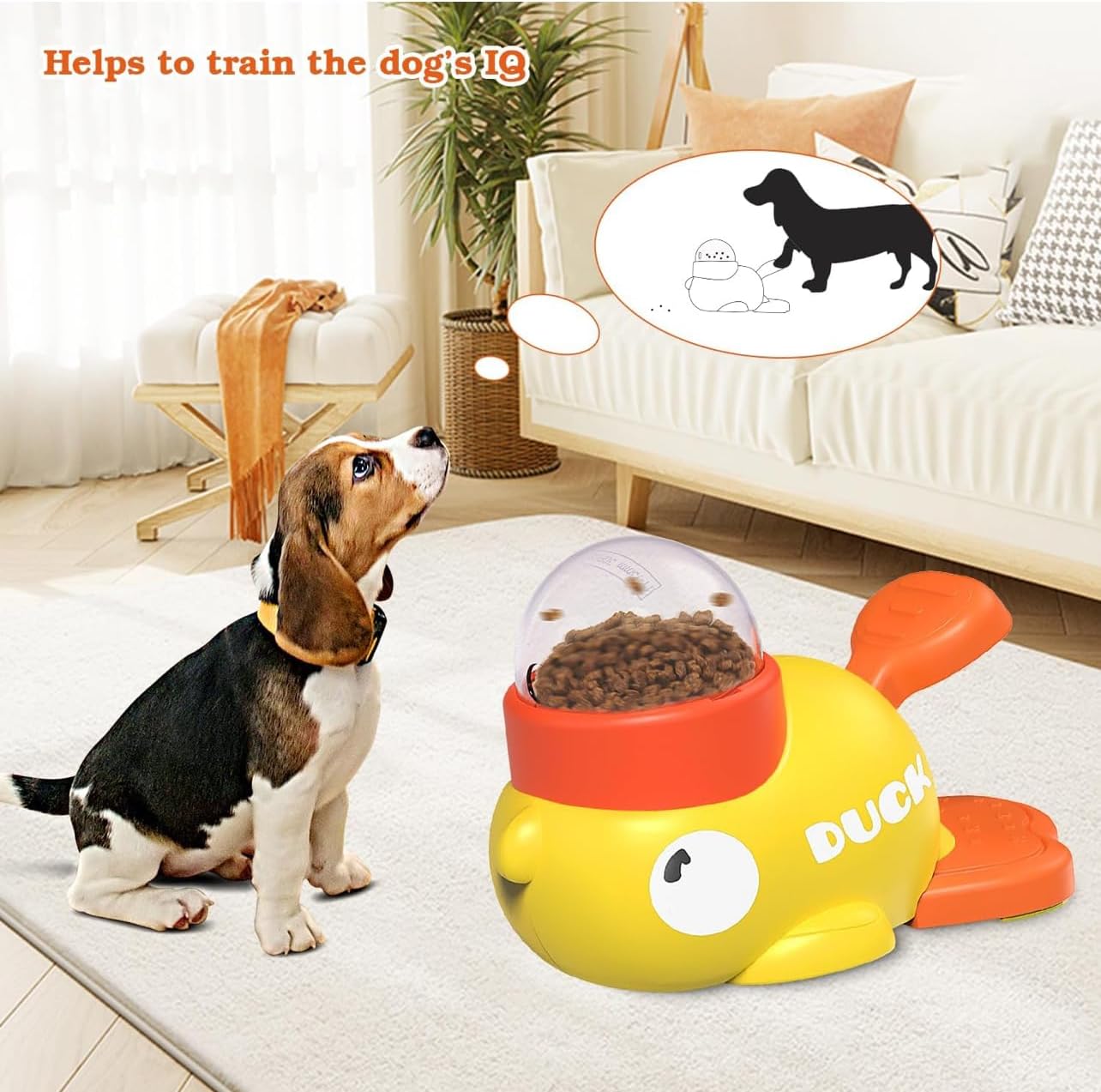 Duck Shaped Interactive Dog Puzzle Toy, Yellow and Orange, Slow Feeder Bowl with 3 Adjustable Food Outlets, IQ Training Treat Dispenser for Small Medium Large Dogs