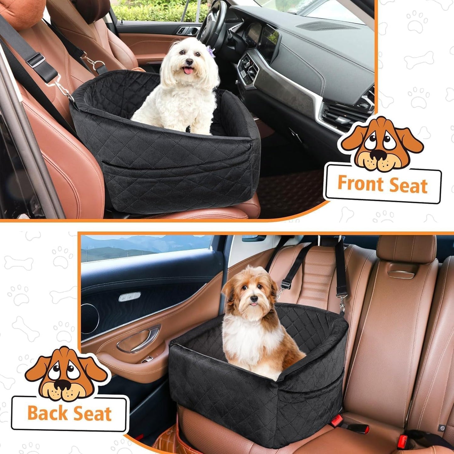 Dog Car Seat for Small & Medium Dogs – Washable & Detachable Pet Booster Seat with Safety Belt, Non-Slip Travel Bed for Cars, Fits Pets Under 20lbs, Storage Pockets (Black)