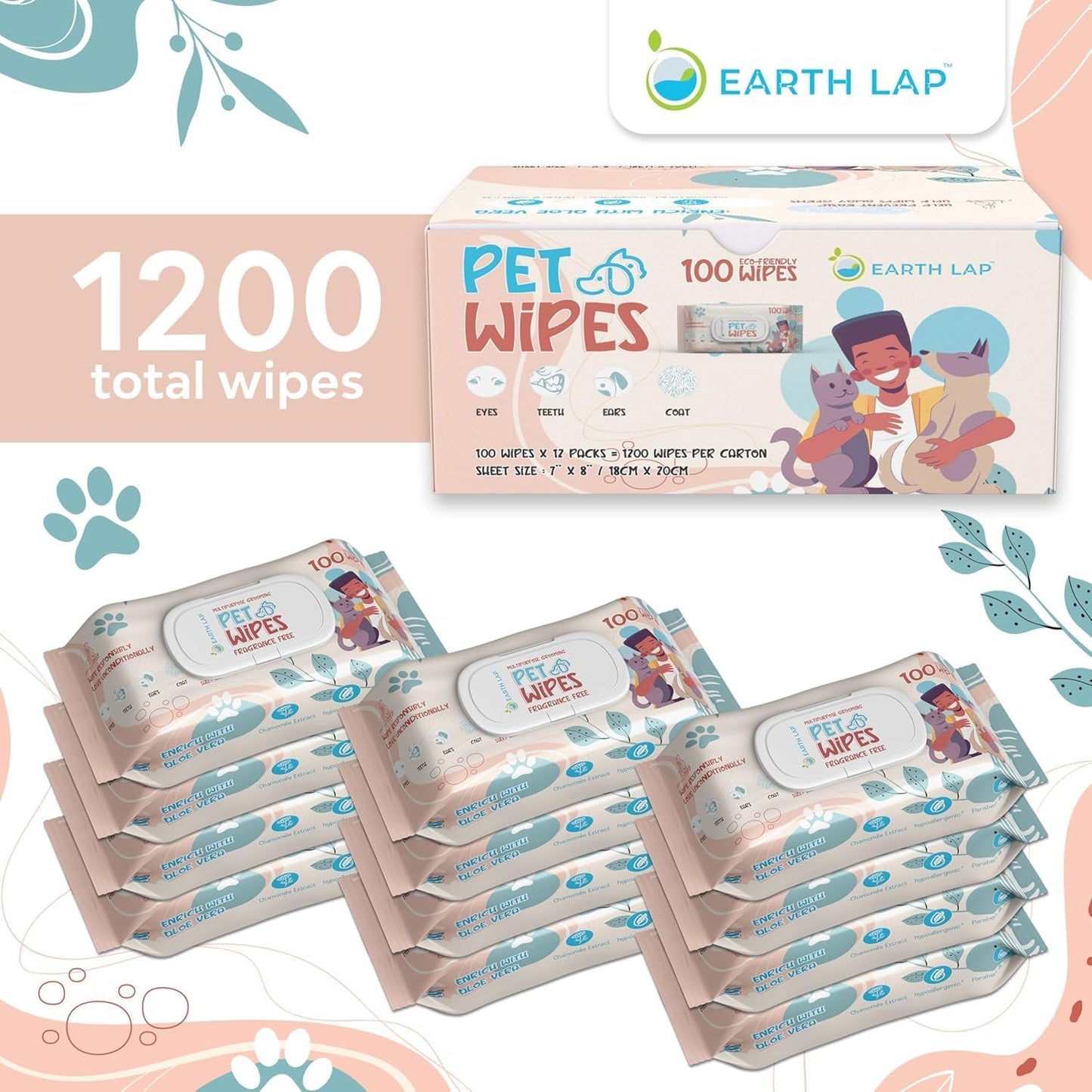 100% Biodegradable Premium Pet Wipes | Grooming Wet Wipes for Dogs, Cats, Puppies & Small Pets | Dry Bathing, Grooming Paws, Body, Ears and Butt, Fragrance-Free 1200 Count (100 * 12 Pack)