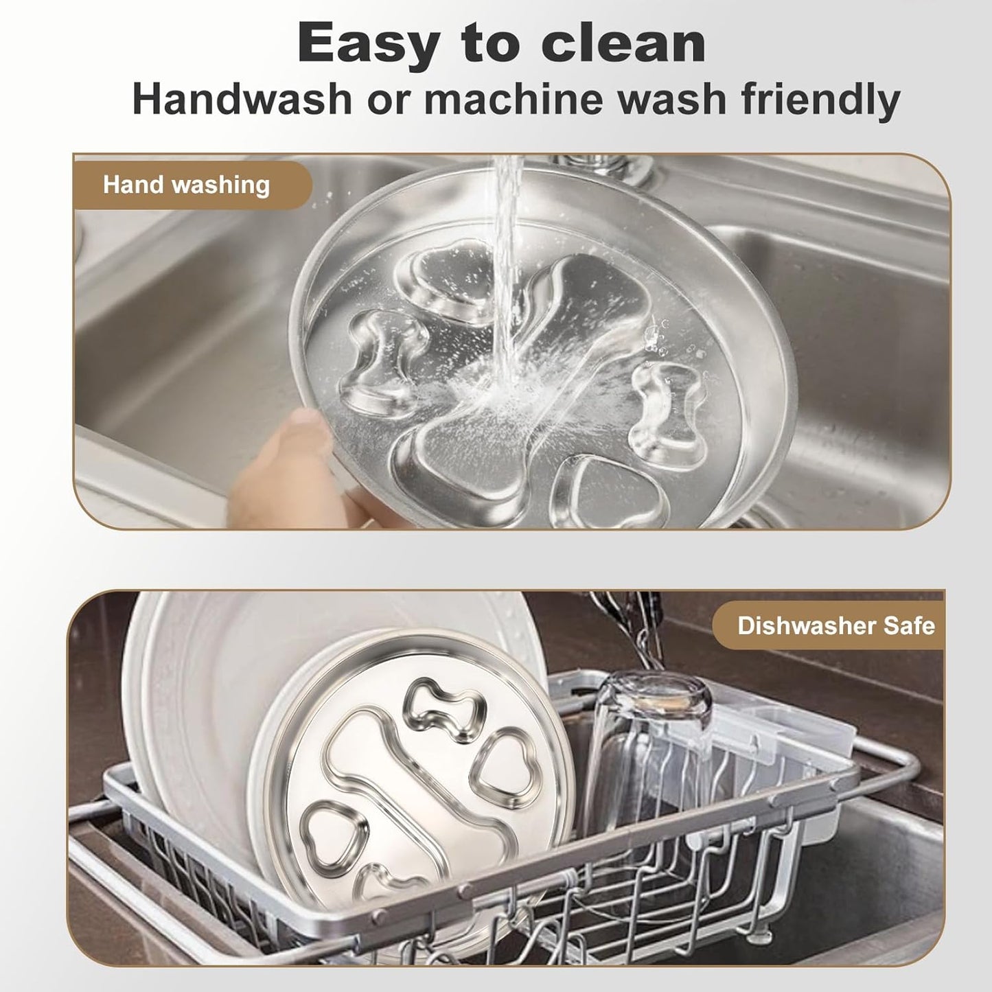 Slow Feeder Dog Bowls,Non-Slip Base Stainless Steel Pet Food Bowls,2 Cups Metal Dog Slow Feeder Bowl for Large Medium Breed,Double-Sided