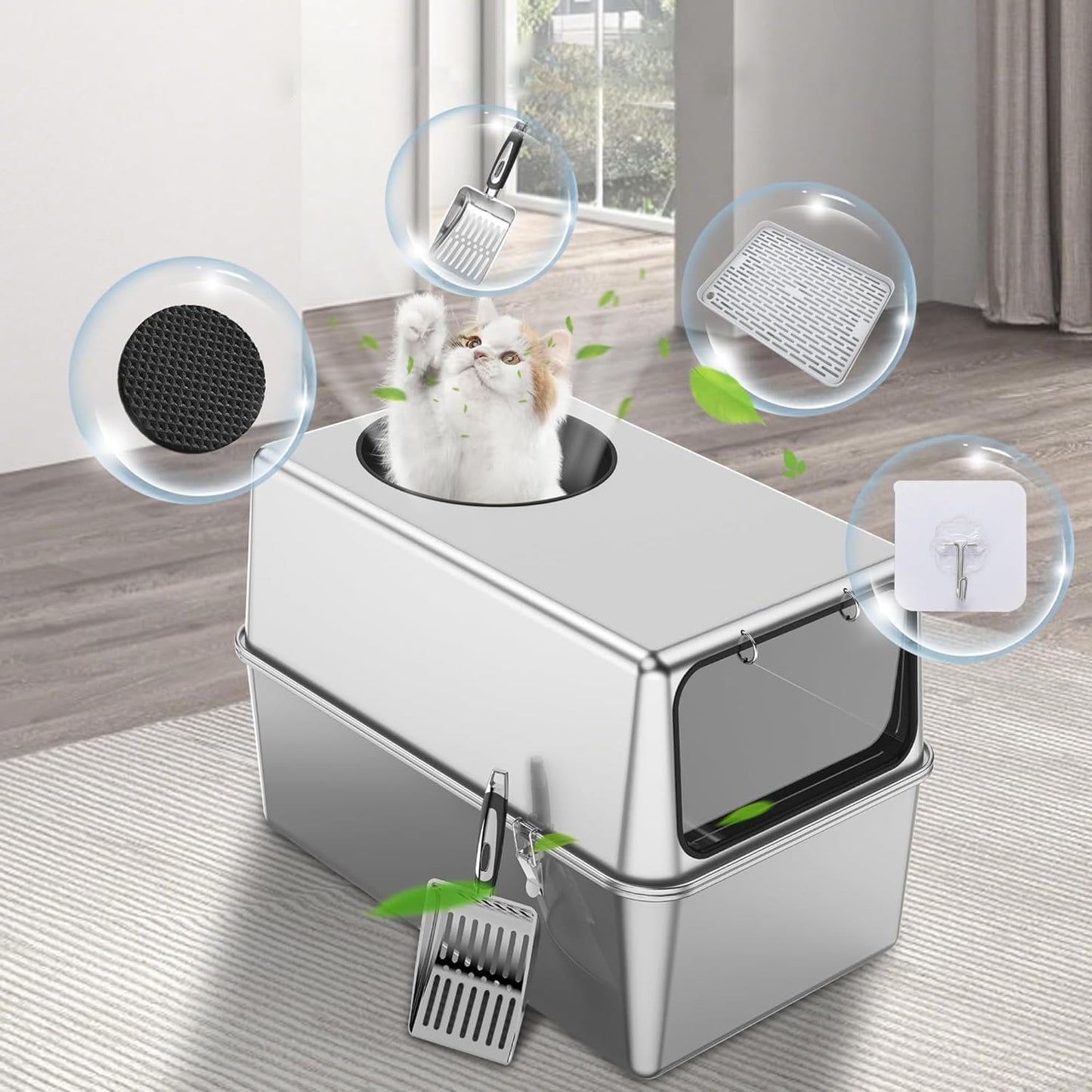 XXL Stainless Steel Sifting Litter Box for Pine Pellets | 16” High Sides, Enclosed & Dog-Proof Cat Litter Box System Metal Sifter Litter Pan System for Big Cats,Odor Control,Easy to Clean