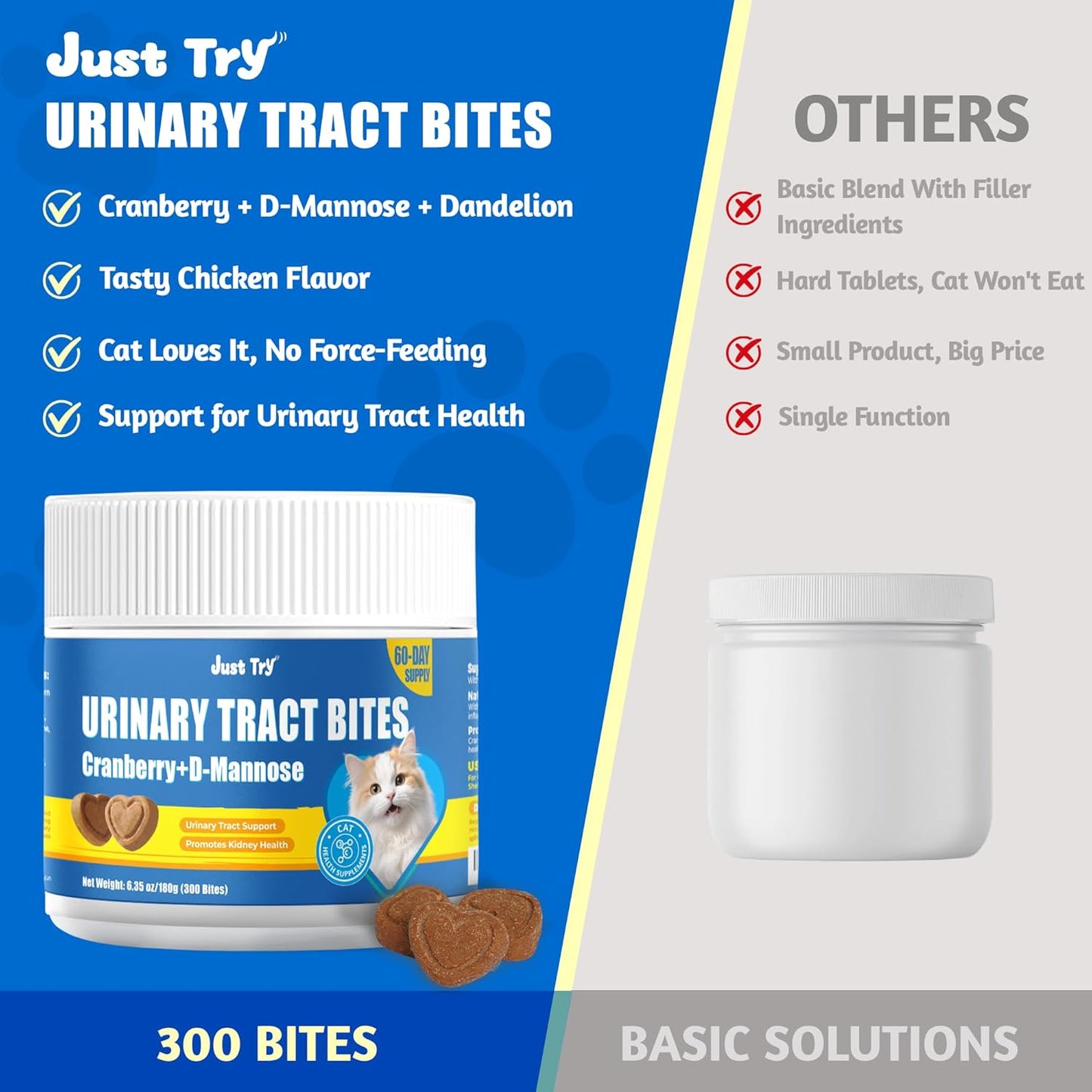 Just Try 300 Bites 6.35 oz Urinary Tract Bites for Cats - Cranberry & D Mannose Formula for Bladder Health - Prevent UTI & Promote Urinary Comfort - Grain Free, Natural Ingredients Cat Supplements