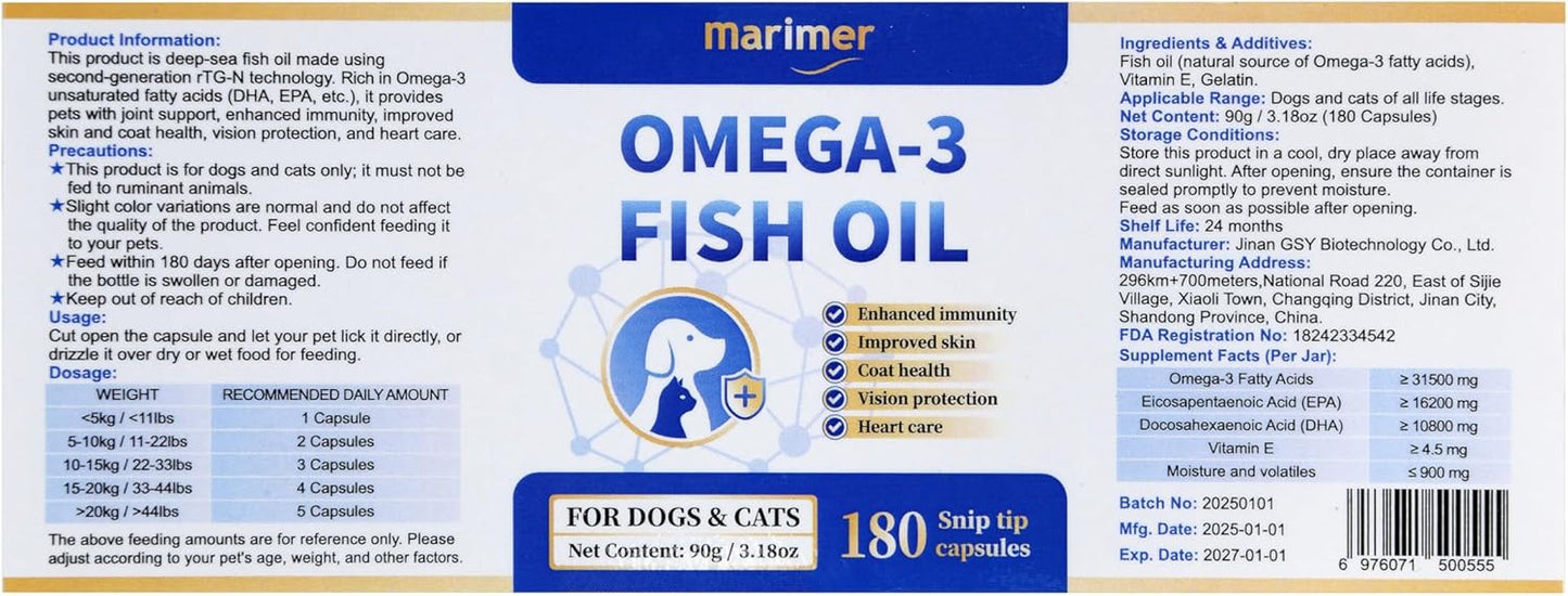 Snip Tips Omega-3 Fish Oil Liquid Supplement for Cats and Dogs, 180 Soft Gels with EPA & DHA & Vitamin E - Promotes Heart, Skin, Coat, Joint, & Immune Health for Pets