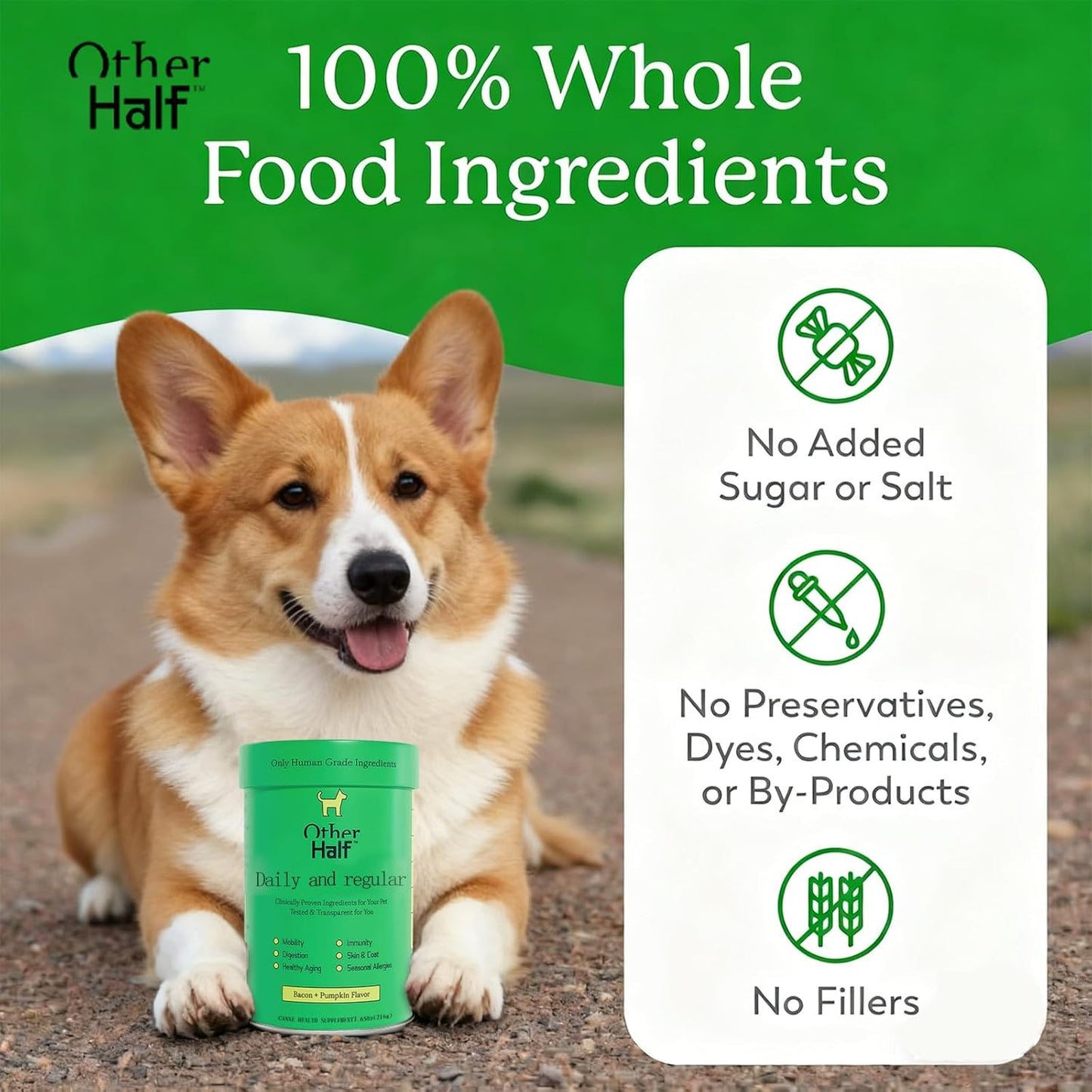 Other Half Dog Multivitamin – Daily Support for Joints, Gut, Allergies, Immune System, Urinary Tract, Skin, and Coat. Contains chondroitin, Omega-3, Dog probiotics, and 45 Active Ingredients
