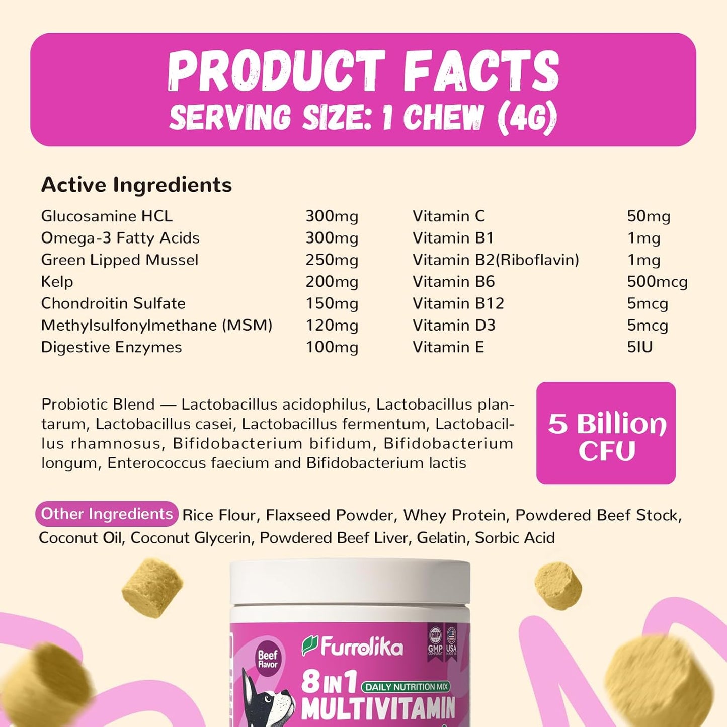 Furrolika Multivitamin Chews for Dogs - Dog Vitamins and Supplements with Glucosamine, Chondroitin, Digestive Enzymes, Probiotics - Hip & Joint, Immune System, Skin & Coat Support - 60 Soft Chews