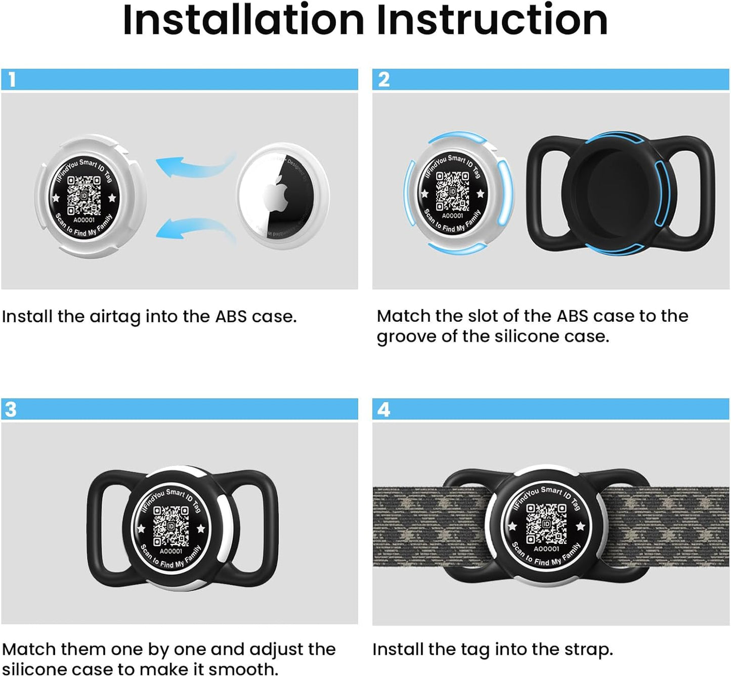 Waterproof AirTag Dog Collar Holder for Apple Tracker QR Code Case Black