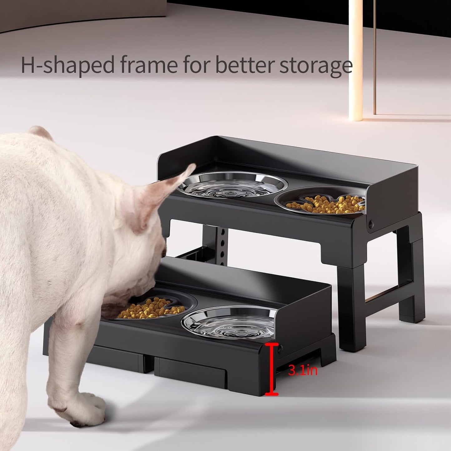 PAKEWAY Elevated Dog Bowls, Spill Proof, Tiltable Pet Feeder with 1 Slow Feeder Bowl &1 Stainless Steel Bowl, 6 Height Adjustable Raised Dog Bowls Stand for Medium Large Dogs