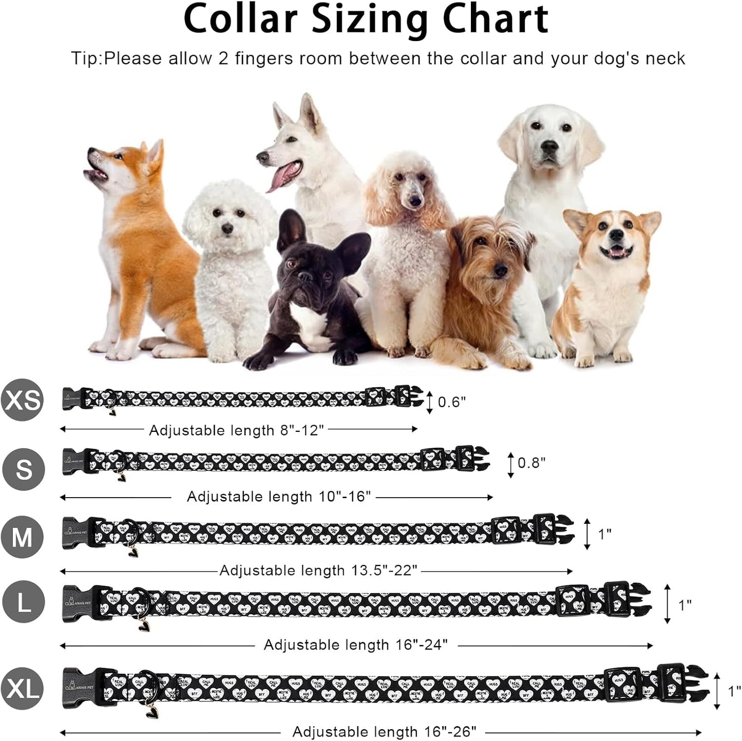ARING PET Valentine's Day Dog Collar, Cute Black White Heart Puppy Pet Necklace for Small Medium Large Boy Girl Dogs-L