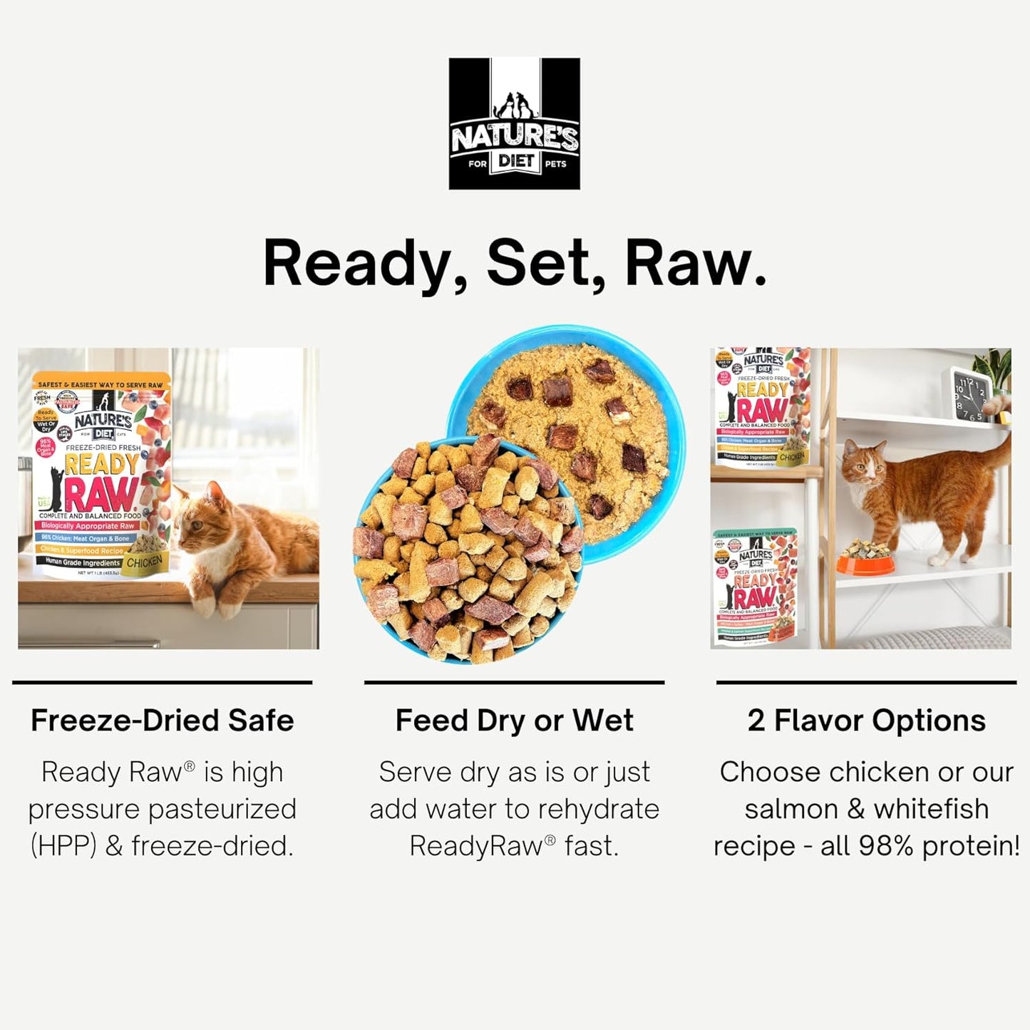 Nature's Diet Ready Raw : Freeze-Dried Raw Cat Food, Chicken, Human Grade, High Pressure Pasteurized (HPP), 96% Meat, Organ, Bone, Safe & Natural, Dry or Wet Feeding