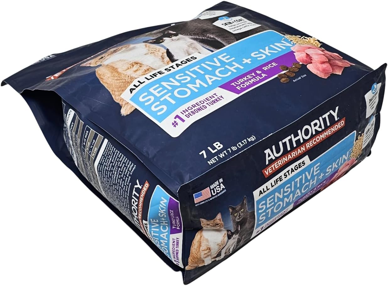 Authority Sensitive Stomach and Skin Dry Cat Food, Turkey and Rice Formula, 7 Pound Bag