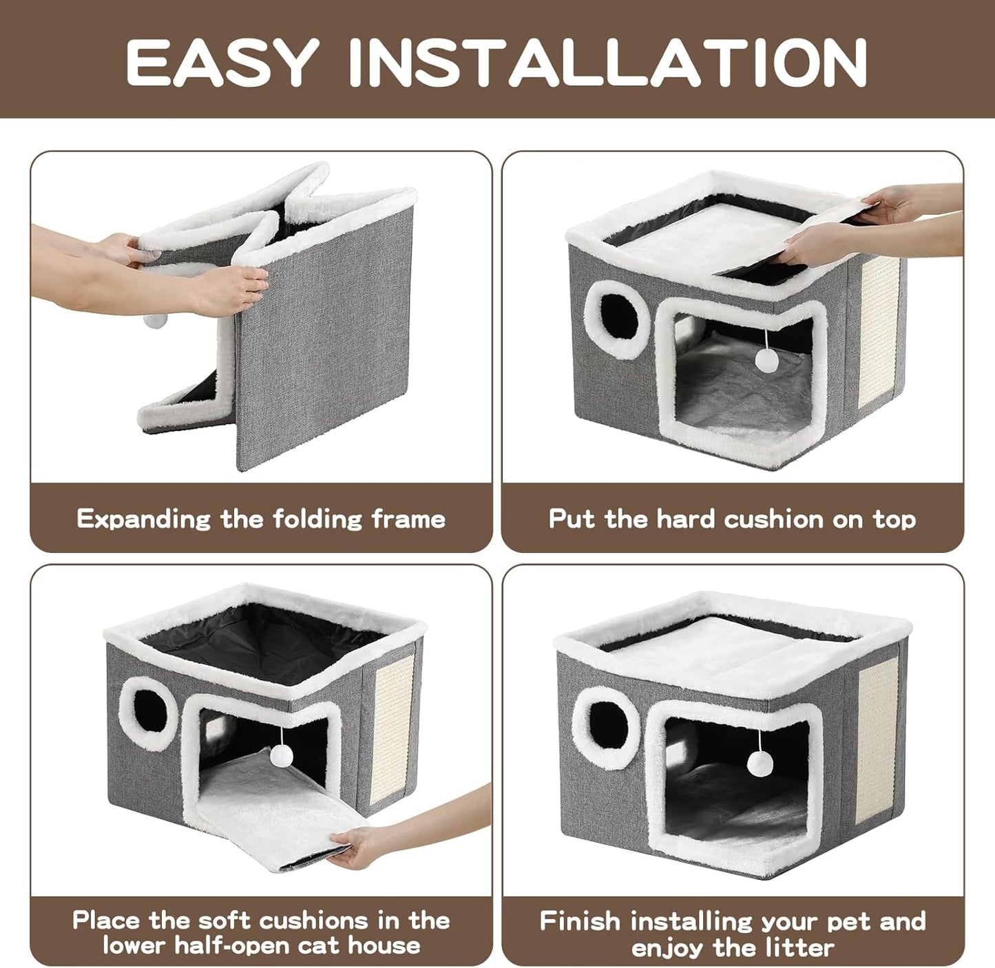 Cat Houses for Indoor Cats - Large Cat Bed Cave with Scratch Pad and Fluffy Ball, Foldable Cat Hideaway, Kitten Bed with Cozy Condo, 16.5x16.5x13 inches, Grey (Grey, Large)