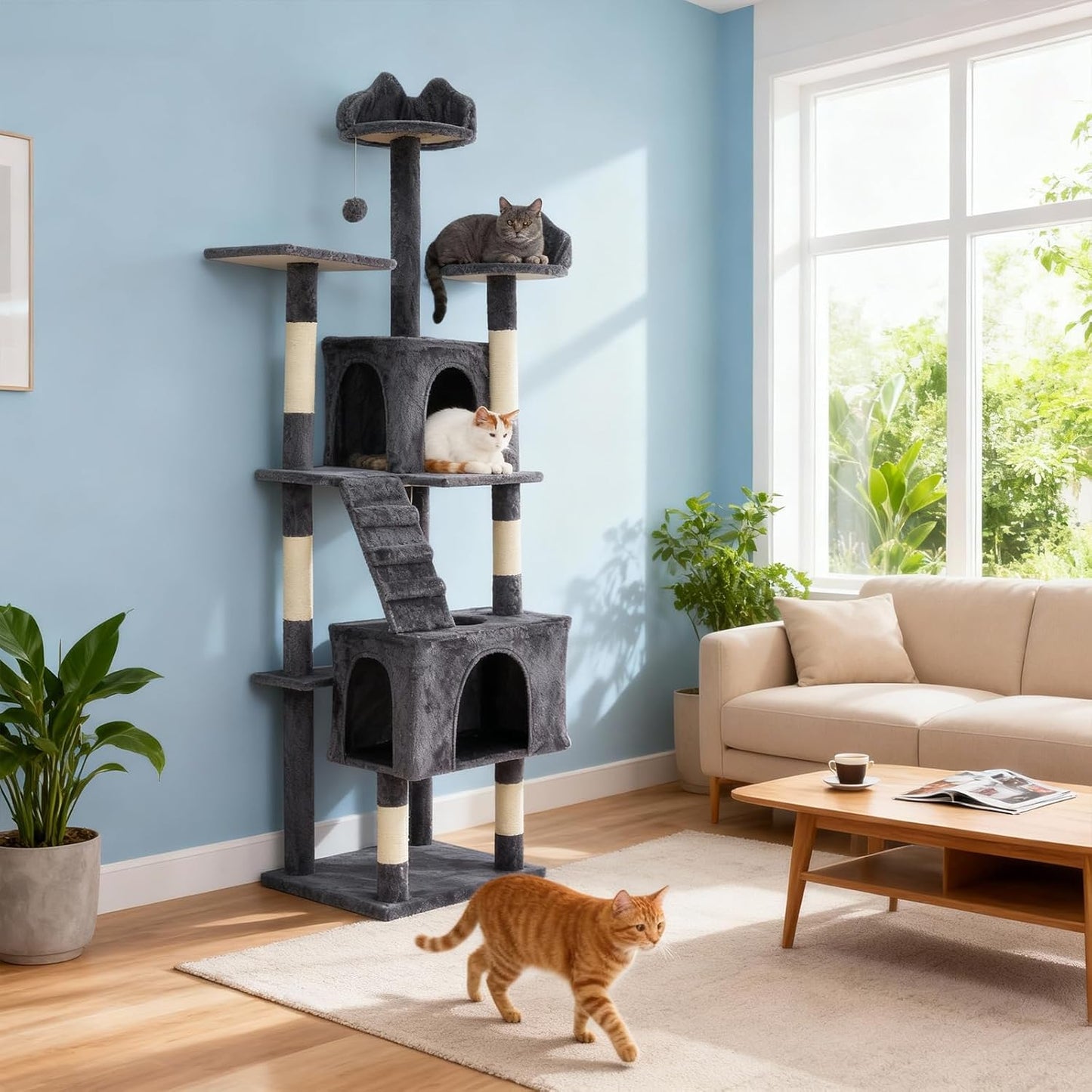 72" Cat Tree for Large Cats, Tall Cat Tower with 6 Scratching Posts, Large Top Perch, Balls & Sturdy Heavy Duty House for Adult Big Indoor Cats