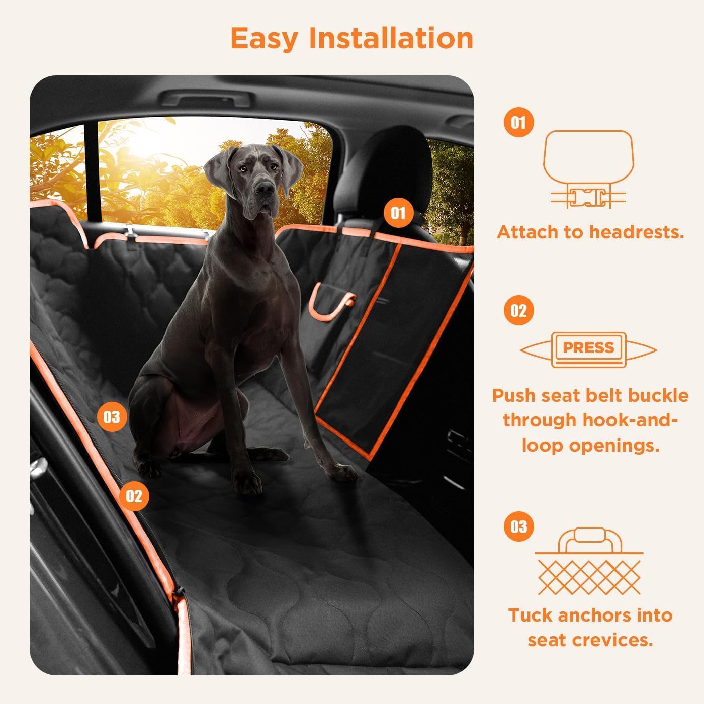 Waterproof Dog Car Seat Cover, Black with Orange Trim, Universal Size Back Seat Protector with Mesh Window, Storage Pocket, Side Flaps for Car, Truck, SUV