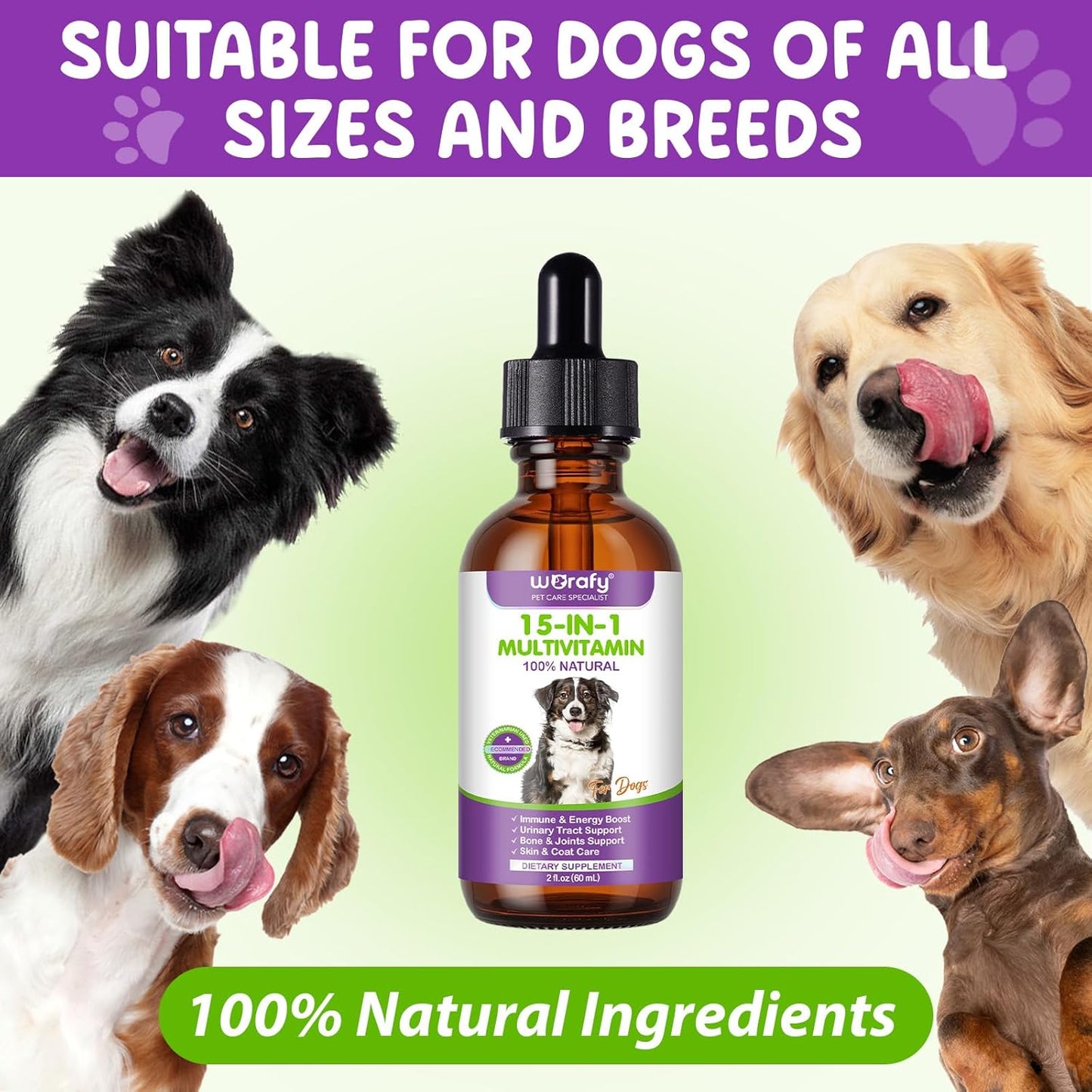 Dog Multivitamin Drops, 15 in 1 Multivitamin Liquid for Dog with Vitamin C-20 Mg, Vitamin D-100 Iu & B1-3,Dog Health Supplements for Skin Care, Joints & HIPS,Gut