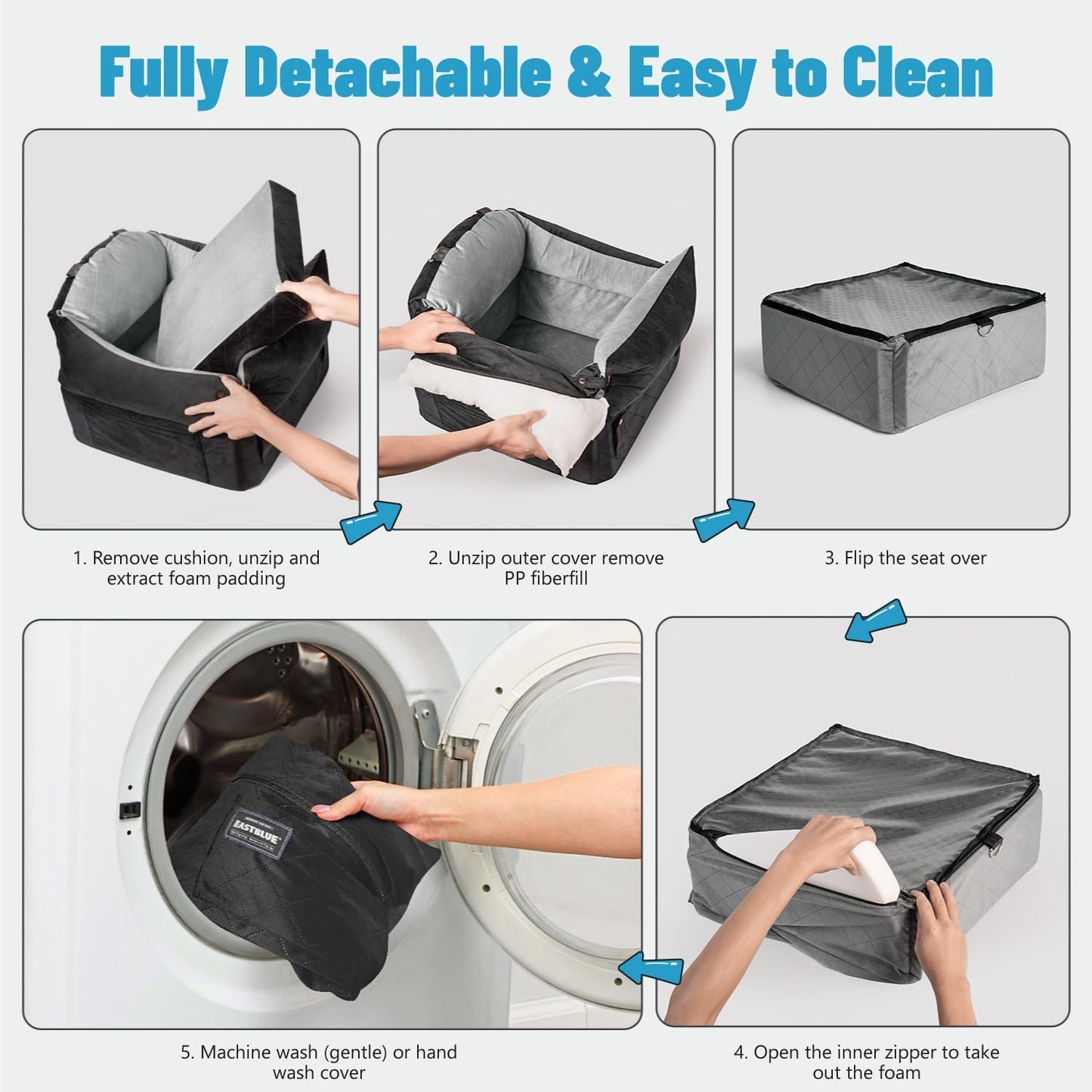 EASTBLUE Dog Car Seat for Small Medium Dogs Up to 35 lbs, 2 Memory Foam Pads Dog Booster Car Seat with Seat Belt, Washable Pet Carseat for Puppy & Cat, Dogs Travel Bed for Cars (Black/Grey-Velvet)