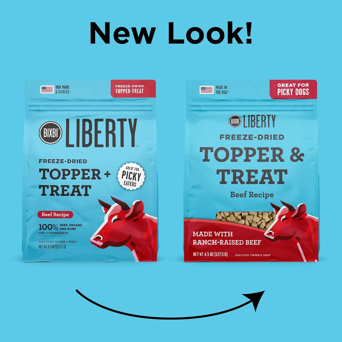 BIXBI Liberty Freeze Dried Dog Food Topper + Dog Treat, Beef Recipe, 4.5 oz - 98% Meat and Organs, No Fillers - Pantry-Friendly Raw Treat or Food Topper - USA Made in Small Batches