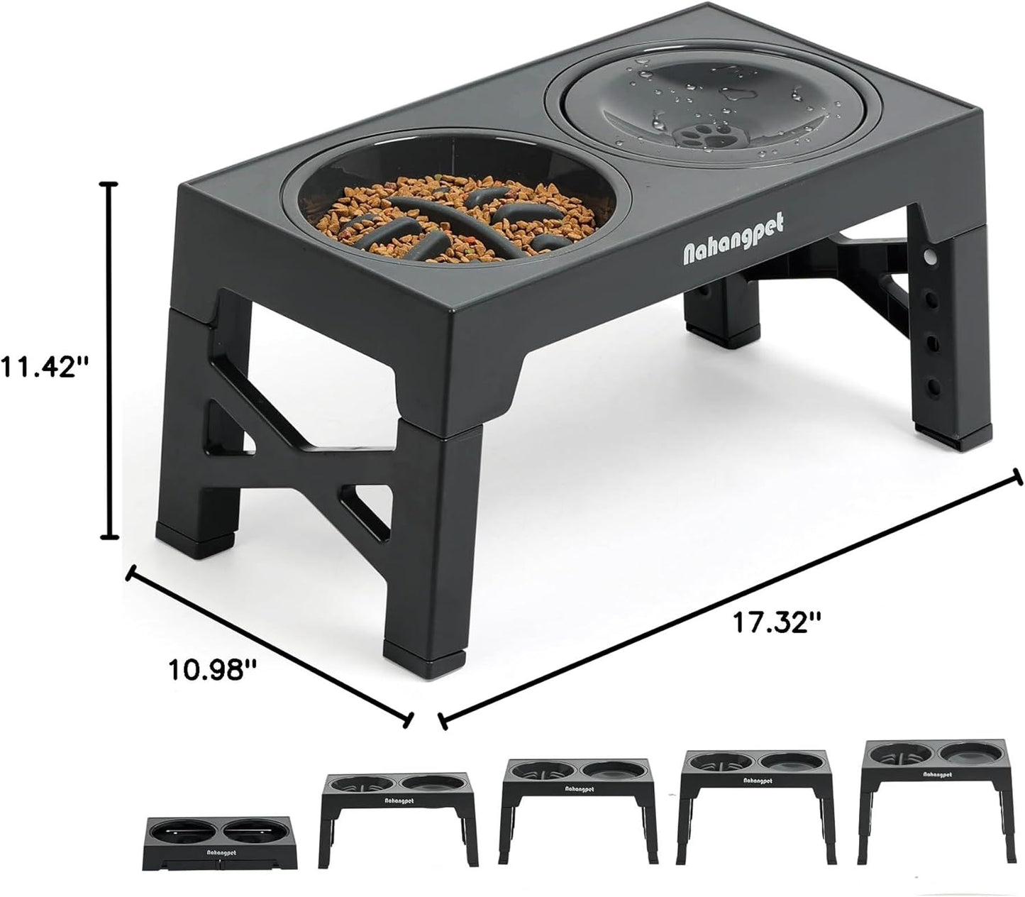 2-in-1 Elevated Slow Feeder Dog Bowls for Food and Water, 5 Heights Adjustable Raised Dog Bowls, Non-Slip, No Spill, for Small Medium Large Dogs and Cats(Grey)