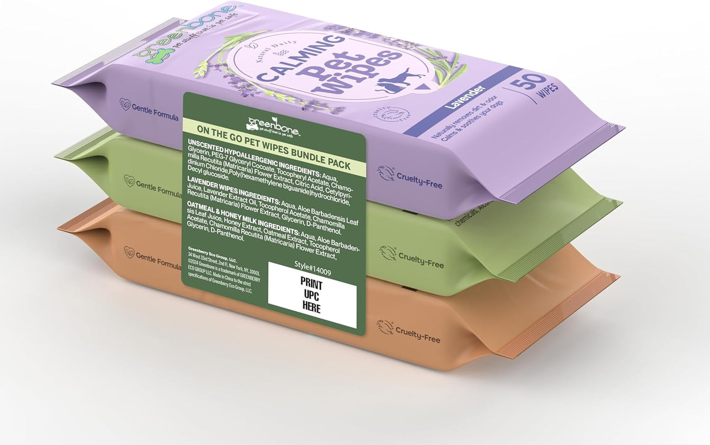 Greenbone On-The-Go Pet Wipes Bundle Pack - 150 Total Wipes (50 Each of Unscented, Lavender, Honey Milk Oatmeal) - Gentle Cleaning for Dogs and Cats