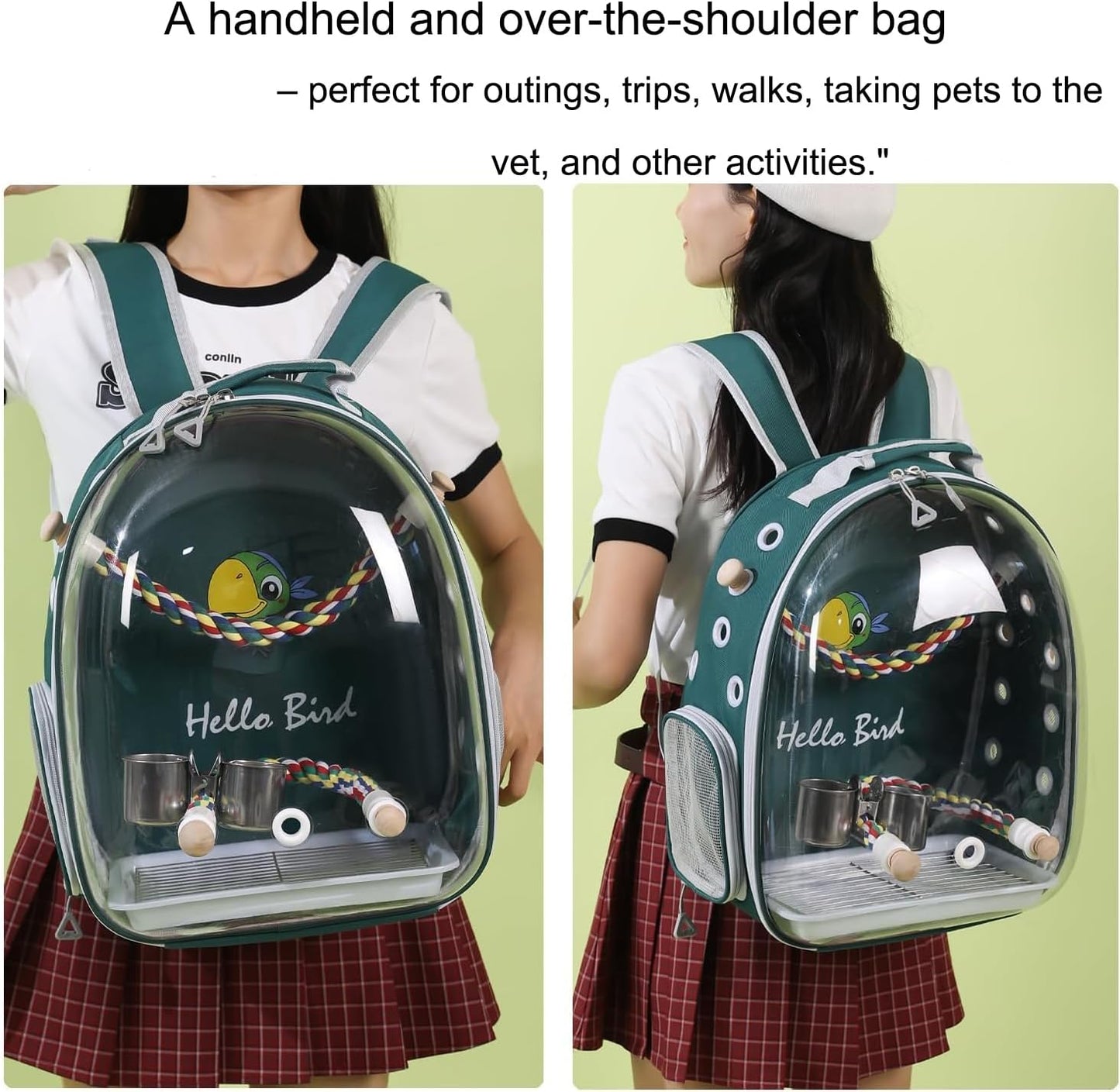 Bird Traval Carrier Cage, Multi Vent Holes Clear Space Capsule Astronaut Backpack to Carry Parakeet Cockatiel Parrot with Metal Tray Wood Perch, Vet Transport Book Bag (Green) (Green)