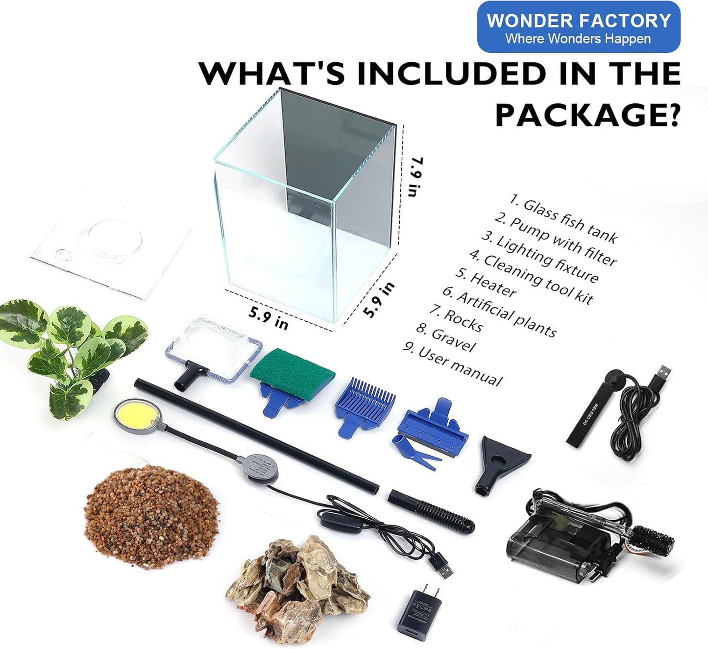 Desktop Small Aquarium Set Glass Fish Tank 1.25 Gallon, Heater Water Pump Filter Bright LED Light Gravel Cleaning Tool, Starter Kit Small Space Easy Setup Space-Saving Design Betta Shrimp