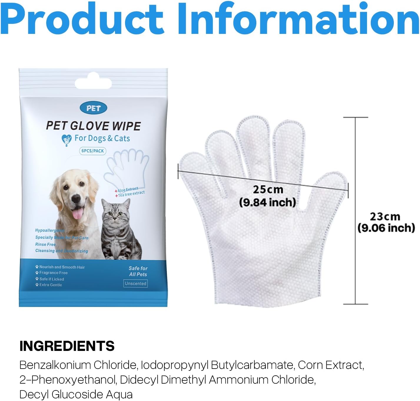 WGP Pet Glove Wipes for Dogs Cats, Cleaning & Deodorizing Grooming Gloves, Dog Wipes for Body Daily Care, Cat Grooming Wipes Cleaning Fur Traveling Rinse Free, Odorless and Unscented, 3pack/18pcs