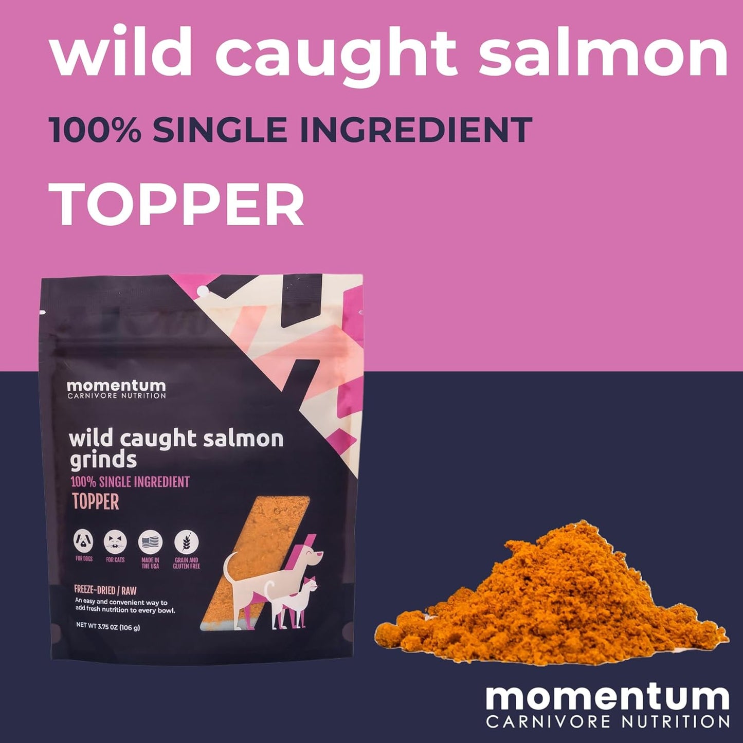 Momentum Carnivore Nutrition Freeze-Dried Wild-Caught Salmon Pet Food Topper – Single-Ingredient, All-Natural Topper – High-Protein for Dogs and Cats, Grain-Free and Made in The USA– (3.75 oz Bag)