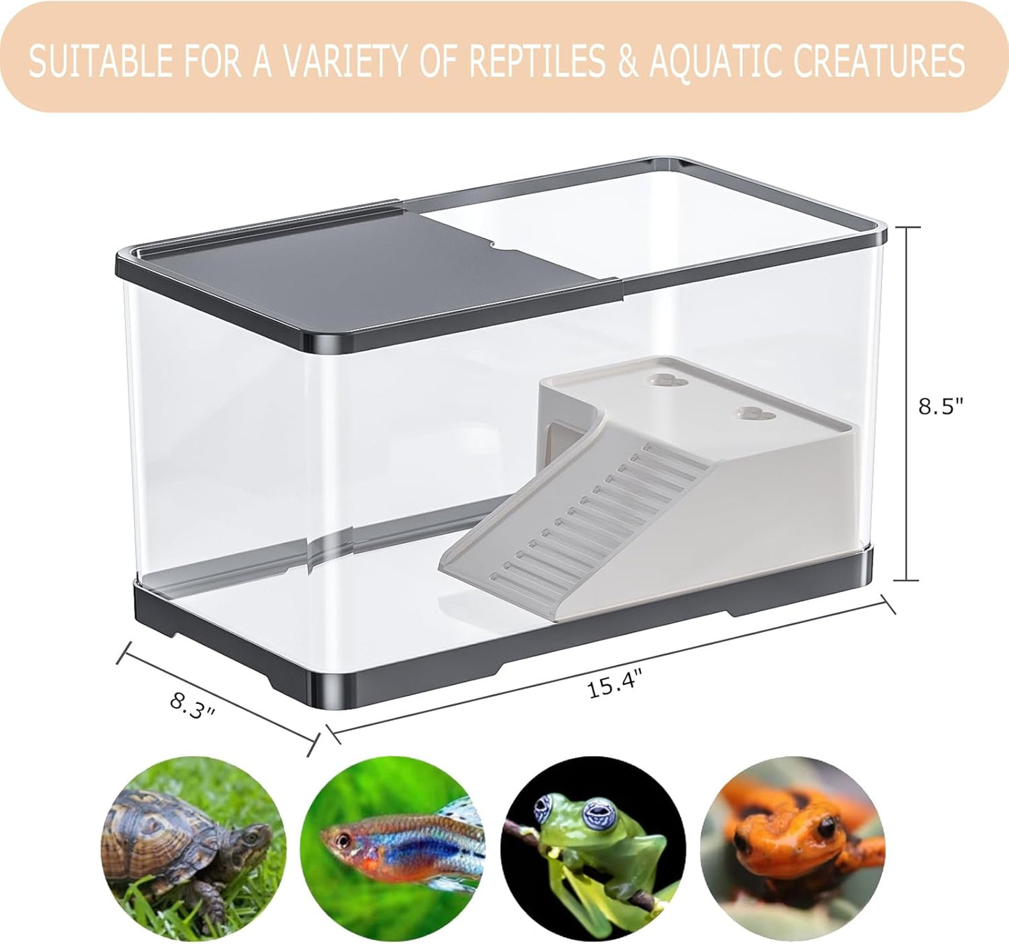 Turtle Tank Starter Kit, Upgraded Aquarium Fish Tank Kit with Filter,Fish Net, Reptile Habitat with Adjustable UV Lamp & Lid,Bask Platform for Crabs,Amphibians,Reptiles.(15.4" * 8.5" * 8.35")