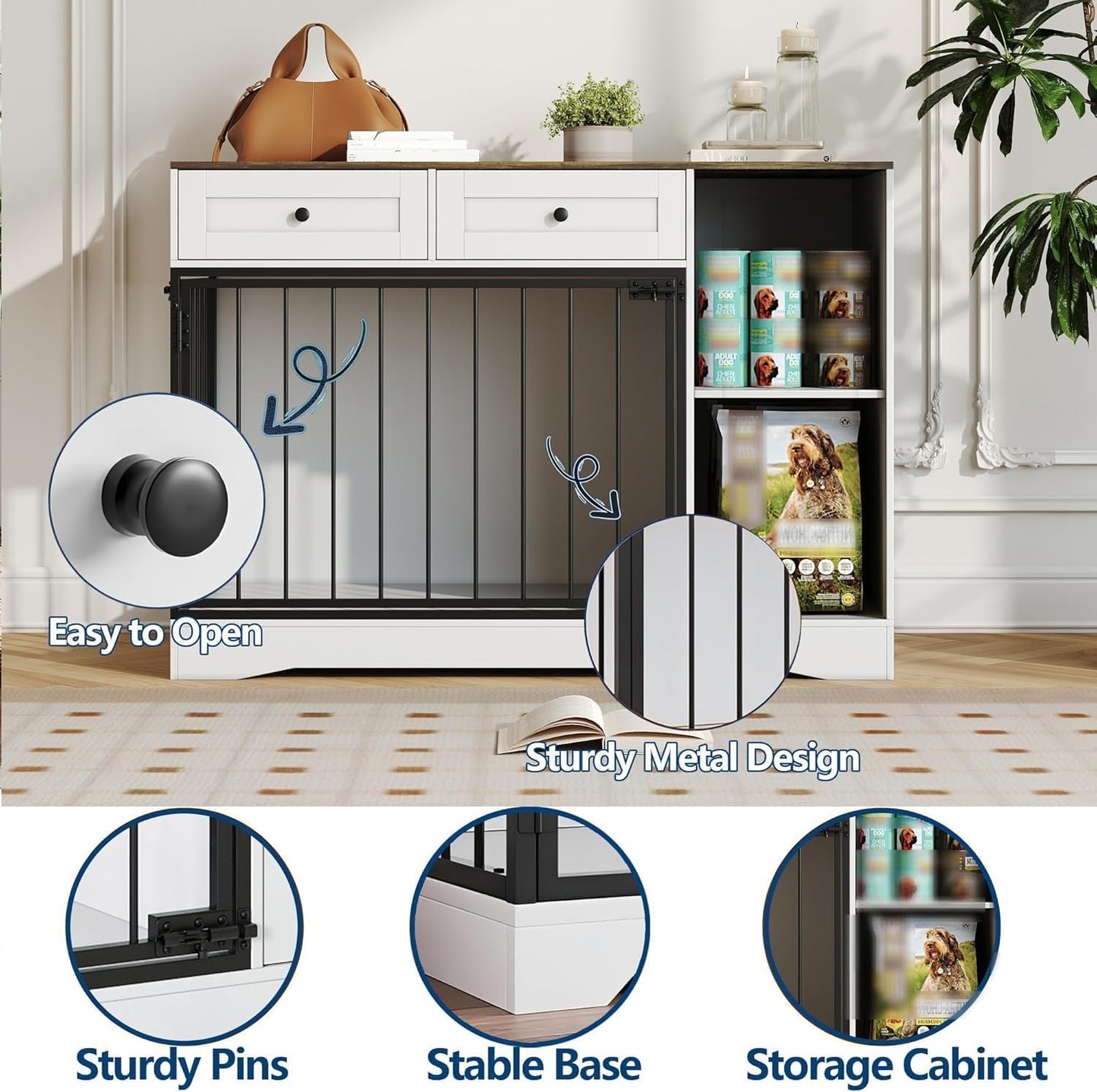 Wooden Dog Crate Furniture with Double Doors, 2 Drawers, and Storage Cabinet, Indoor Pet House and Modern Farmhouse Side End Table for Small to Medium Dogs, White