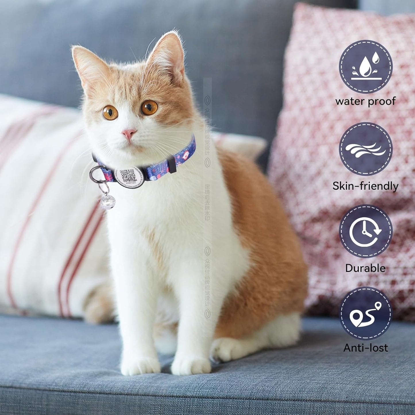 Nylon Breakaway Cat Collar QR Code with Air Tag Holder - Reusable Adjustable Pet ID Tag with Bell for Easy Tracking & Identification Hypoallergenic Cotton Safety Collar (Off-White)