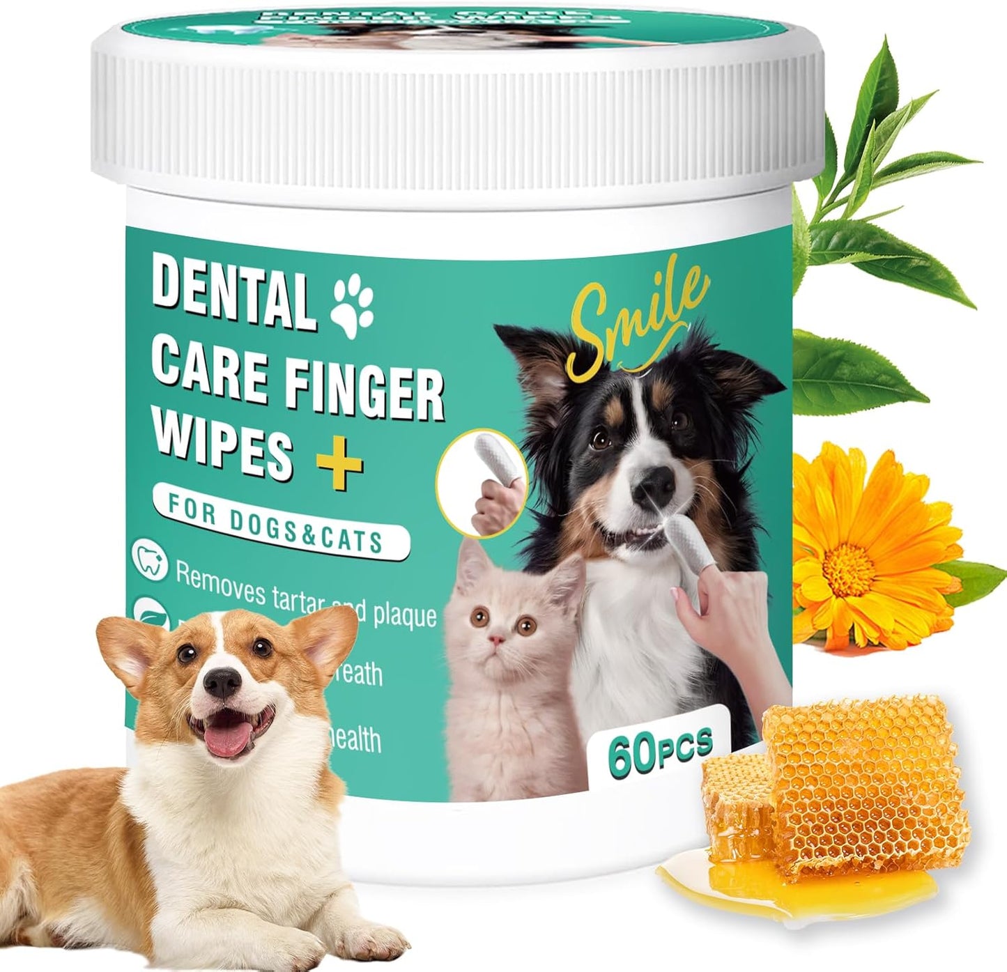 Dog Teeth Cleaning Wipes, Pre-Soaked Pet Tooth Finger Wipes 60pcs, Soothing Cleaning Pet Teeth, Reducing Tartar and Plaque, Freshening Breath, Maintaining Your Dog's Oral Health