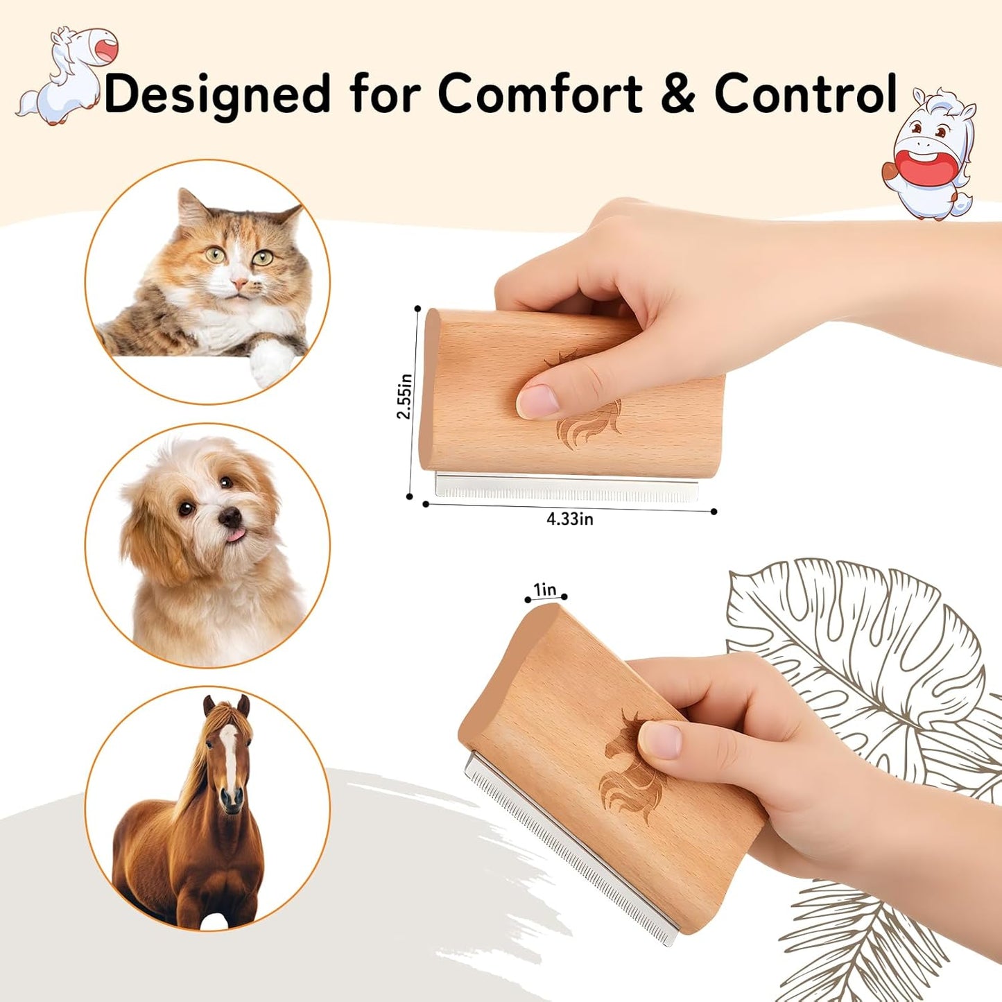 Deshedding Grooming Tool for Horses, Cats & Dogs Ergonomic Design Wooden Groom Brush Professional Grooming Tool Painlessly Remove Thick Short Long Hair Fur & Dirt