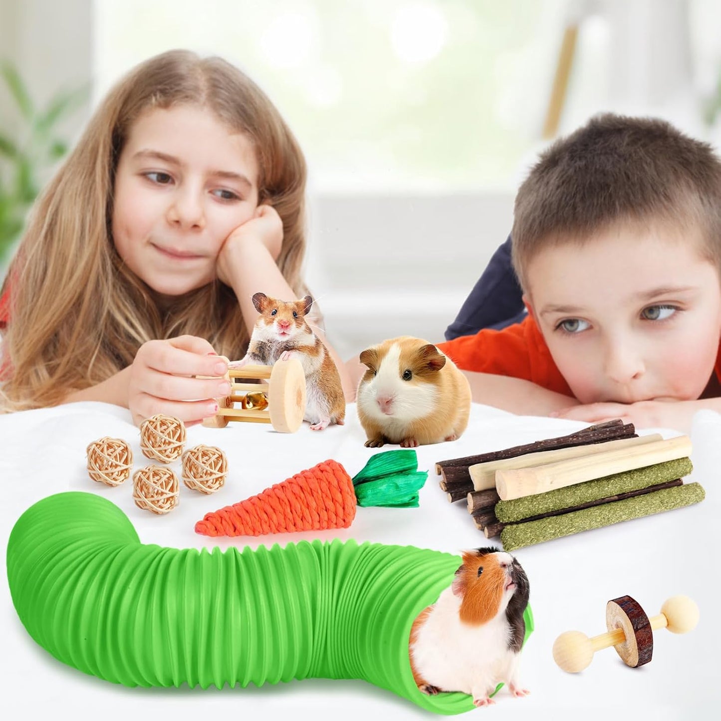 Kyouki Hamster Toys Guinea Pig Toys Set with Tunnel, Chewable Apple Wood & Natural Timothy Hay - Enrichment Chew Toys for Small Animals - 24+ Cage Accessories for Teeth Care & Boredom Relief (Green)