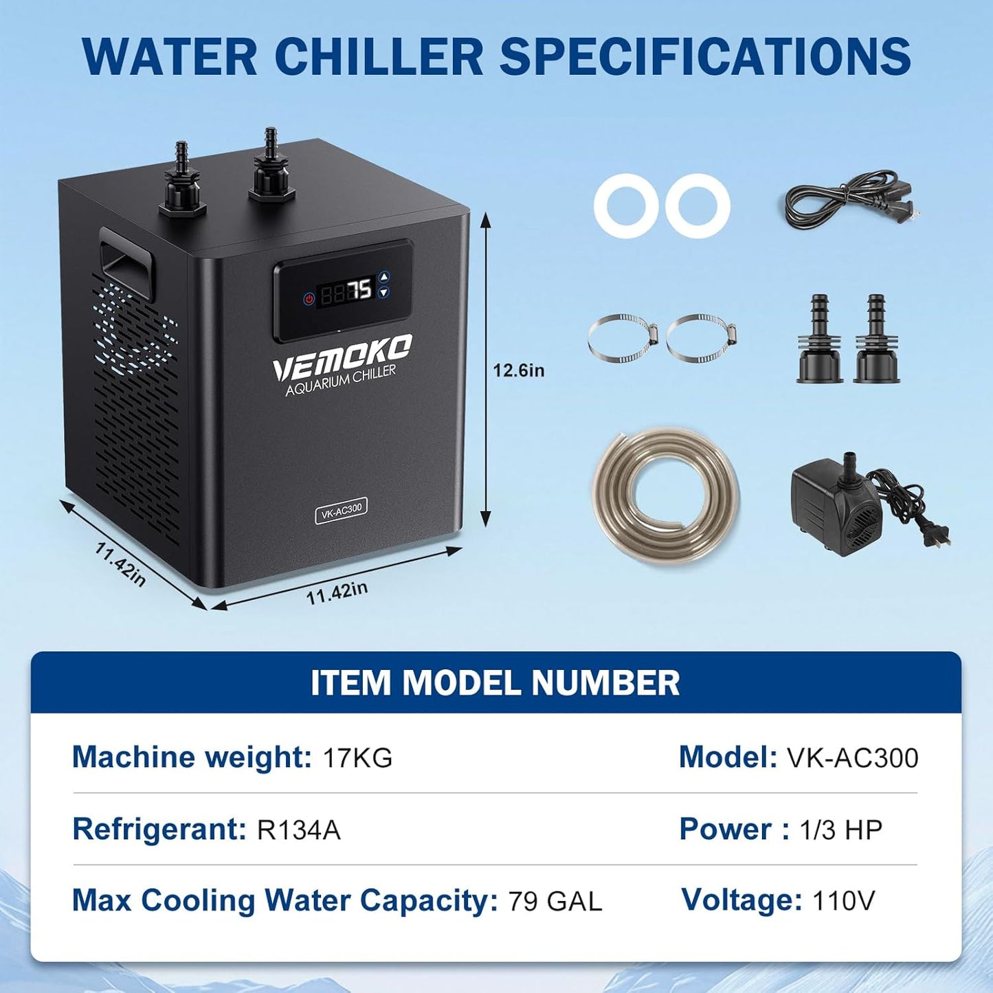 Aquarium Chiller 79 GAL - Water Chiller for Aquarium 1/3 HP Energy Efficient Fish Tank Water Chiller for Axolotl, Coral, Jellyfish, Freshwater & Saltwater Quiet Cold Plunge Chiller 300L