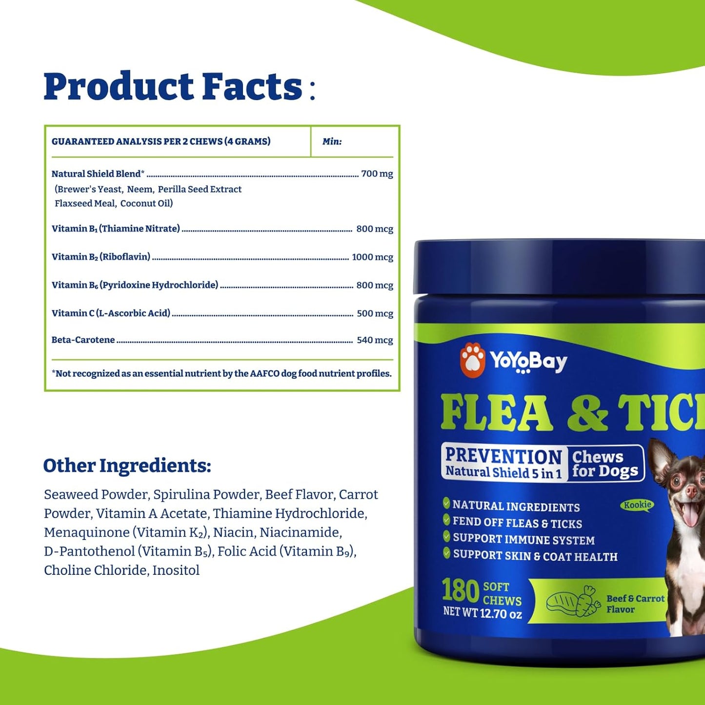 Flea & Tick Prevention for Dogs Chewables, Natural Dog Flea and Tick Control Treatment, Oral Flea Pills, Dogs Supplement, Natural Shield 5-in-1 Protection, Beef & Carrot Flavor, 180 Soft Chews