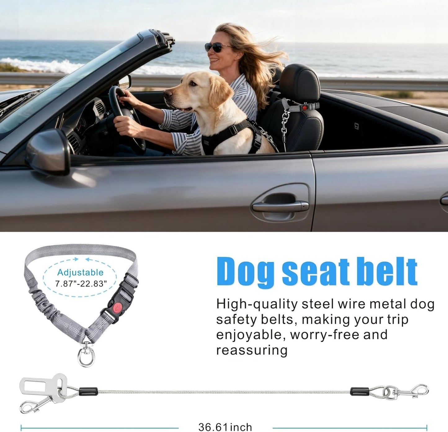 Idepet Dog Seat Belt for Car, 2 Pcs Stainless Steel Chew Proof Dog Seatbelt, 3 in 1 Dog Harness for Car Safety Seat Belt, Heavy Duty Pet Car Seat Belt for Medium & Large Dogs (Grey+Grey)