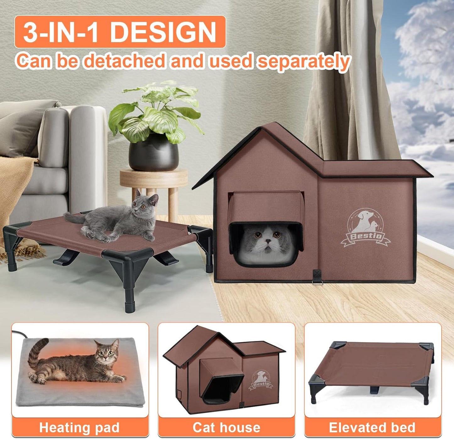 Large Heated Cat House for Outside 21x17x17 in with Elevated Base Cat-Attracting Eave Design Feral Stray Shelter,Intelligent Controller and Waterproof Cat Heated House Shelter for Outdoor