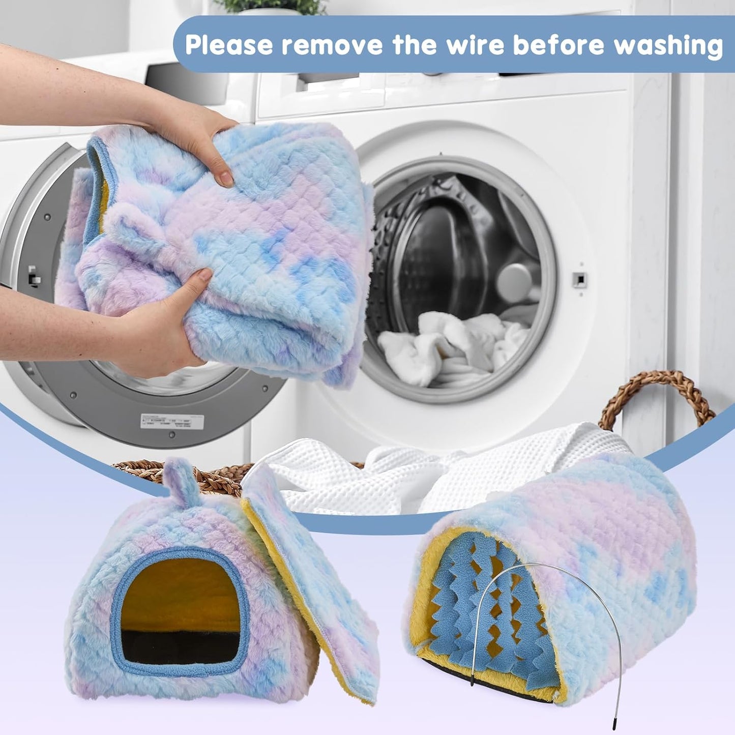 Avont 2 Pack Guinea Pig Hideout Bed and Tunnel Toys Set with Curtain, Washable Soft Plush Bunny Hideaway House Tube Cage Accessories for Small Animal Pet, Rabbits Chinchilla Hamster Ferret Rat -Blue