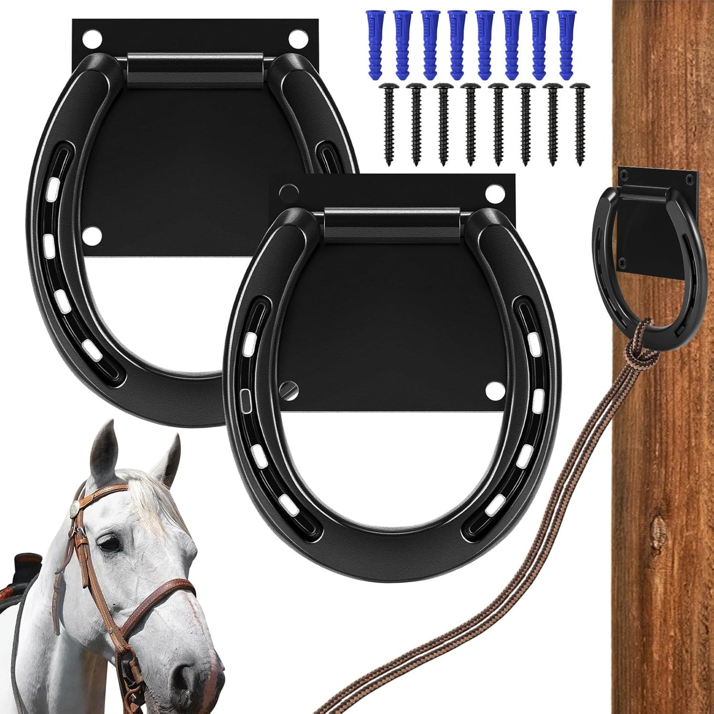 Zhengmy 4 Set Tie Ring for Horses, Heavy-Duty Solid Steel, with Expansion Screws, 3 x 3 Inch, Horseshoe Cross Ties Down, Tack Barn Stable Supplies for Horse, Black