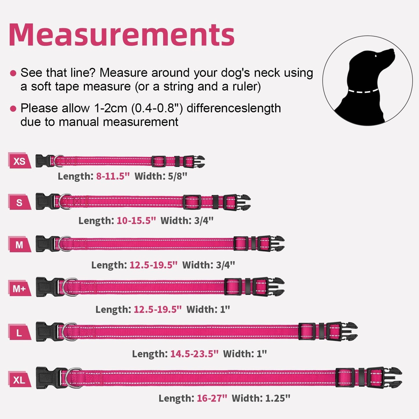 Reflective Dog Collar, Soft Neoprene Padded Nylon Pet Collar with Quick-Release Buckle, No-Choke Design Adjustable for Small Dogs,Hotpink,S