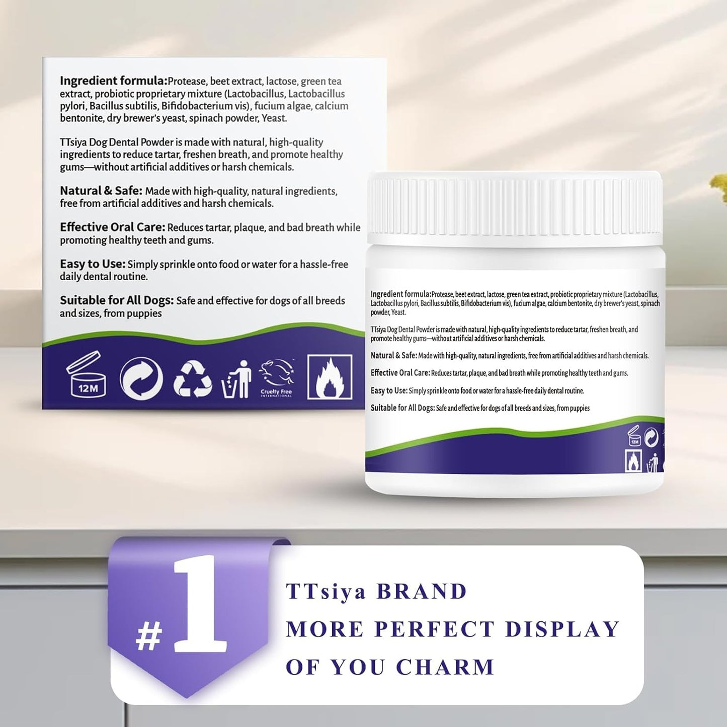 Dog Teeth Cleaning Powder, Pet Dental Powder -Dental Care, Dogs Breath Freshener with Probiotics for Tartar & Reduces Plaque & Bad Breath Teeth Cleaning for Small, Medium, Large Dogs 100g