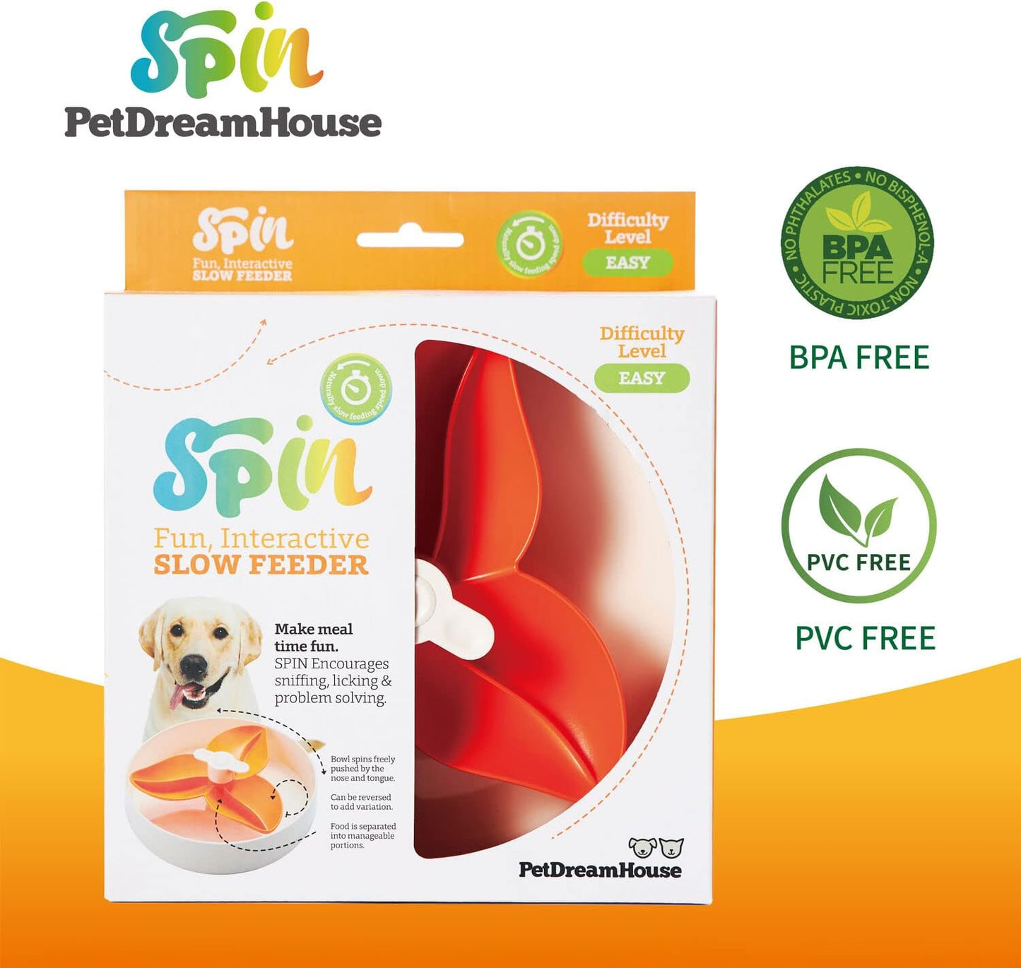 PetDreamHouse Spin Slow Feeder Bowl for Dogs, Interactive Moving Center Piece, Bougainvillea Design Orange, Level = Easy