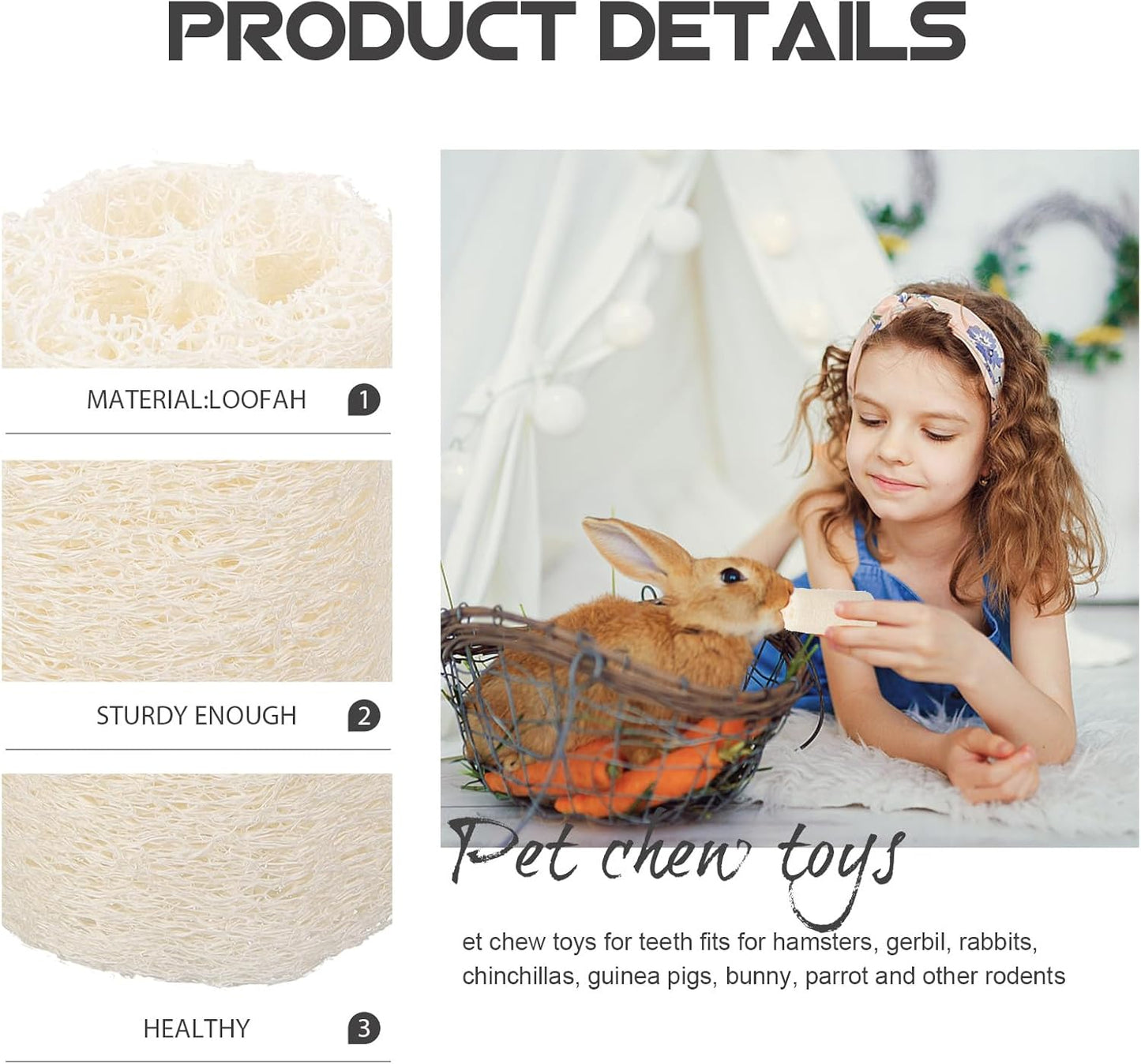 Natural Loofah Molar Chewing for Small Pets Rabbit Treats and Guinea Pig Stuff Safe Wear-Resistant Chew for Hamsters Chinchillas Mice and Bunnies to Promote Dental Health and