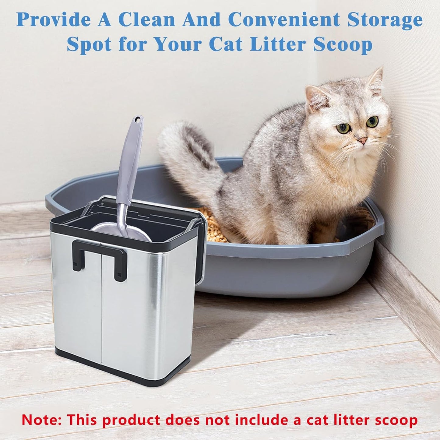 kathson Stainless Steel Cat Litter Scoop Holder, Universal Scooper Storage Caddy, Deep Kitty Litter Trash Can with Lid, Metal Pet Waste Container, Detachable Cat Shovel Holder