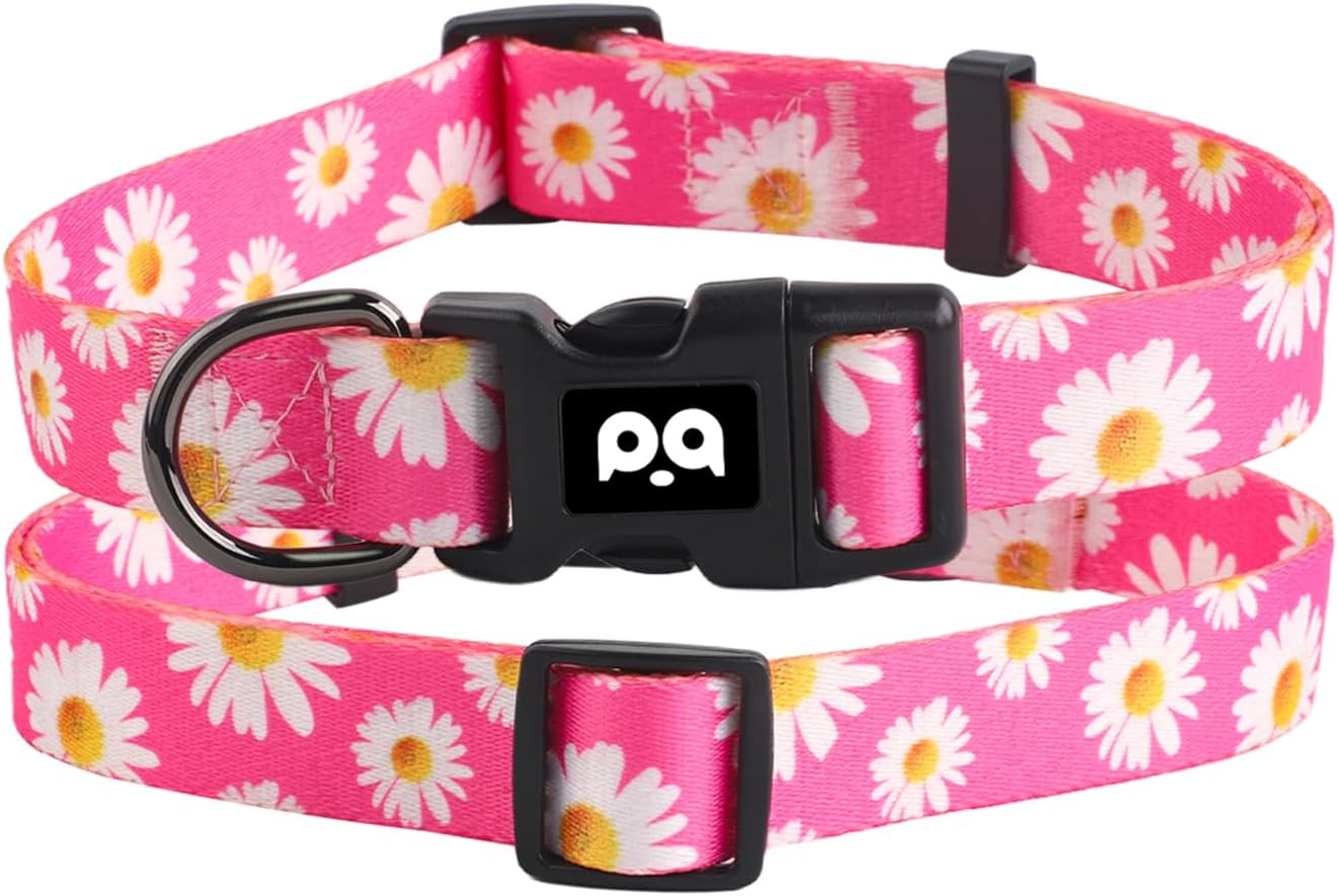 QQPETS Adjustable Soft Dog Collar: Print Flower Pink Multicolor Cute Patterns for XS Small Medium Large Pet Girl Boy Puppy Walking Running Training (S, Small Daisies)