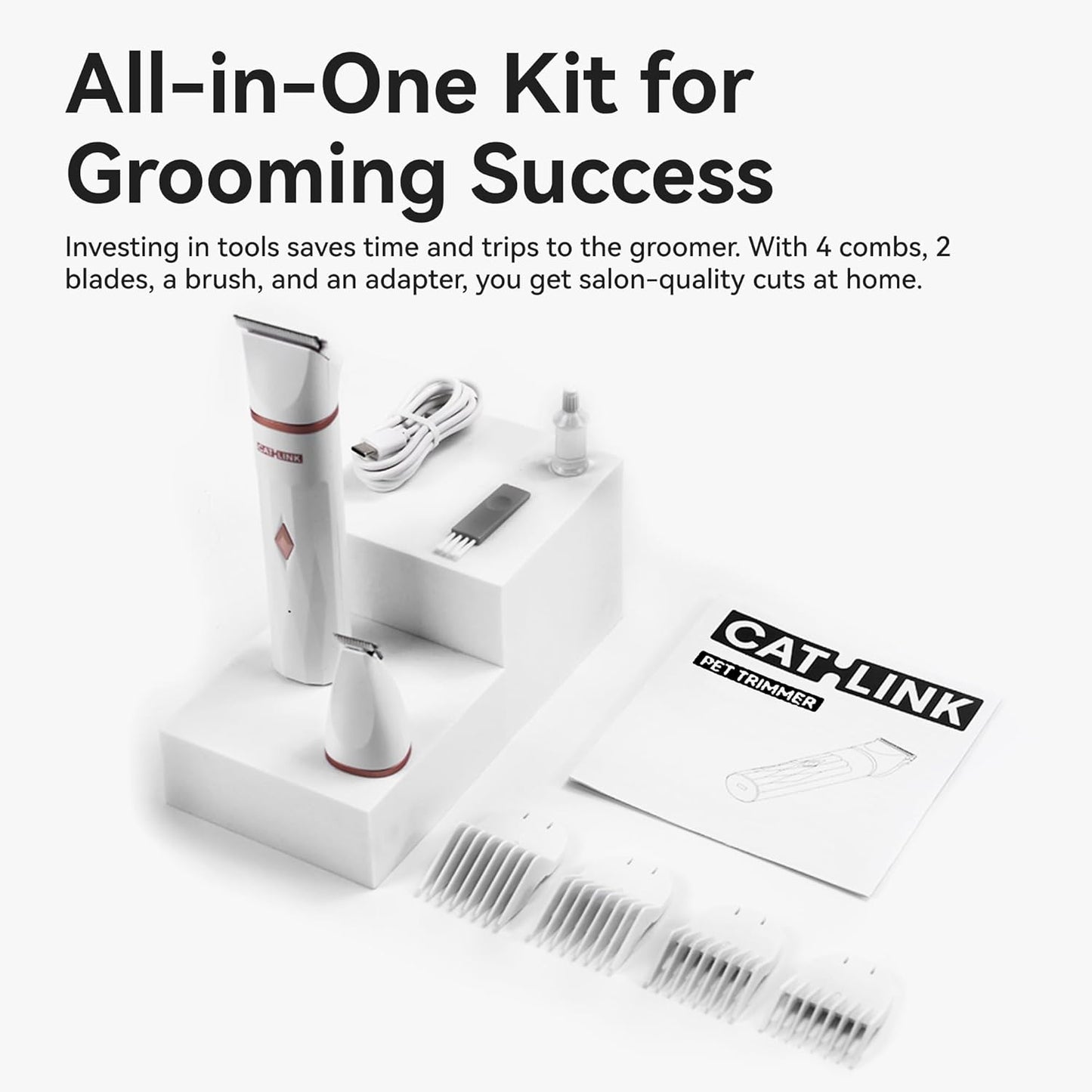 CATLINK Waterproof Cat Clippers for Matted Hair, Quiet Cat Grooming Kit, Pet Shaver Cordless for Long Hair, Pet Hair Clippers for Dogs and Other Small Animals at Home, White