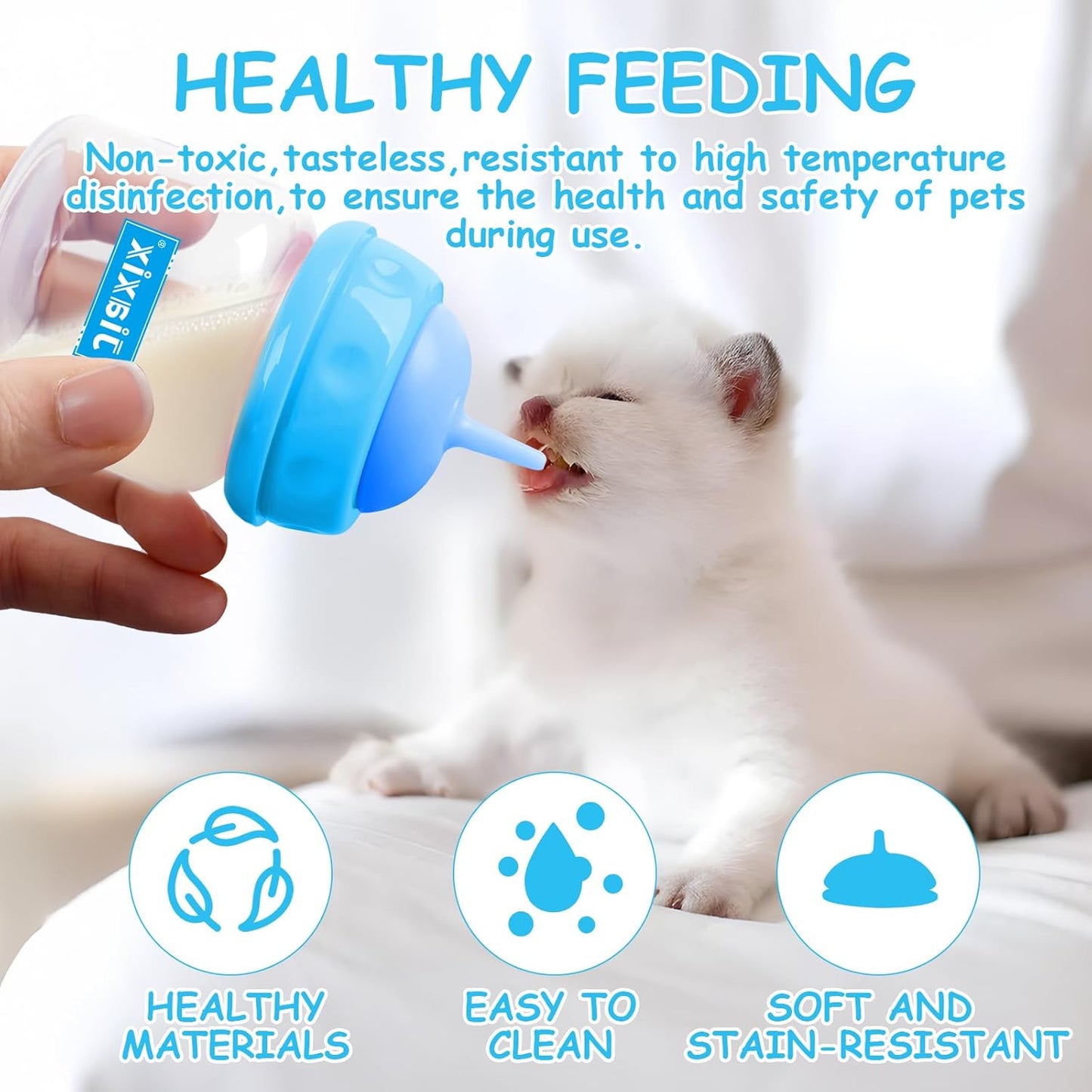 Pet Bottle Feeding Kit, Puppy & Kitten Nursing Supplies, Blue, 60ml Bottle with Anti-Choking Silicone Nipples & Syringes, Newborn Flow, Dishwasher Safe