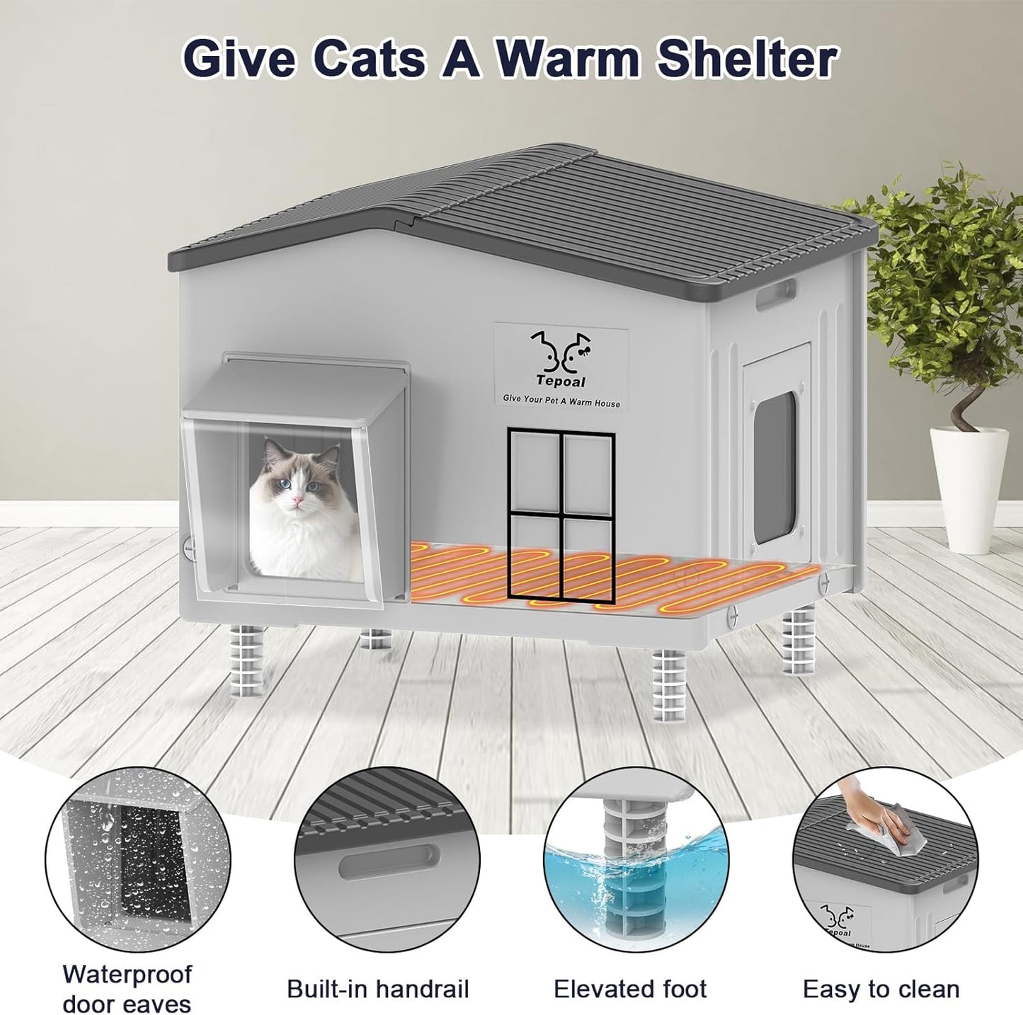 Large Plastic Heated Cat House for Outside in Winter, 100% Weatherproof & Insulated Outdoor Heated Cat House with Safe Escape Door, Elevated Feral Cats Shelter for Barn Cats 21.6"x17"x19.7"