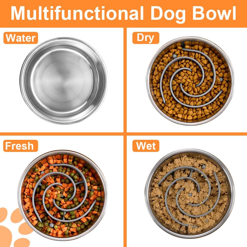 2-in-1 Metal Dog Bowl with Slow Feeder Insert, Stainless Steel Dog Bowls Food Grade 304, Water Food Bowl with Anti-Slip Silicone Base for Small, Medium, Large Dogs